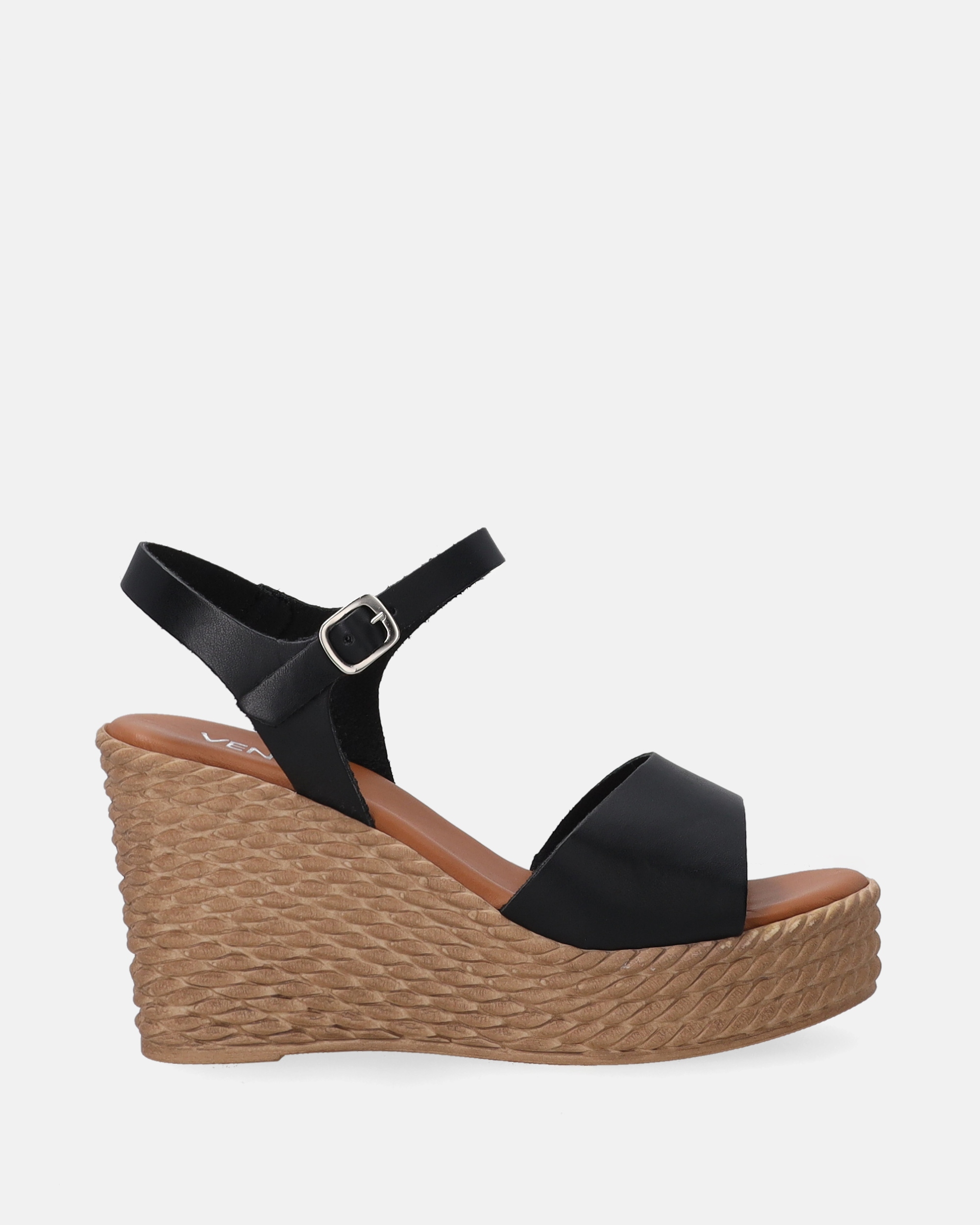 Czarne Damskie Sandały Ze Skóry Naturalnej Na Wysokim Koturnie Venezia 38