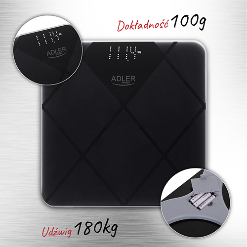 Waga Łazienkowa AD 8169 - 180 kg, Szkło Hartowane, LED