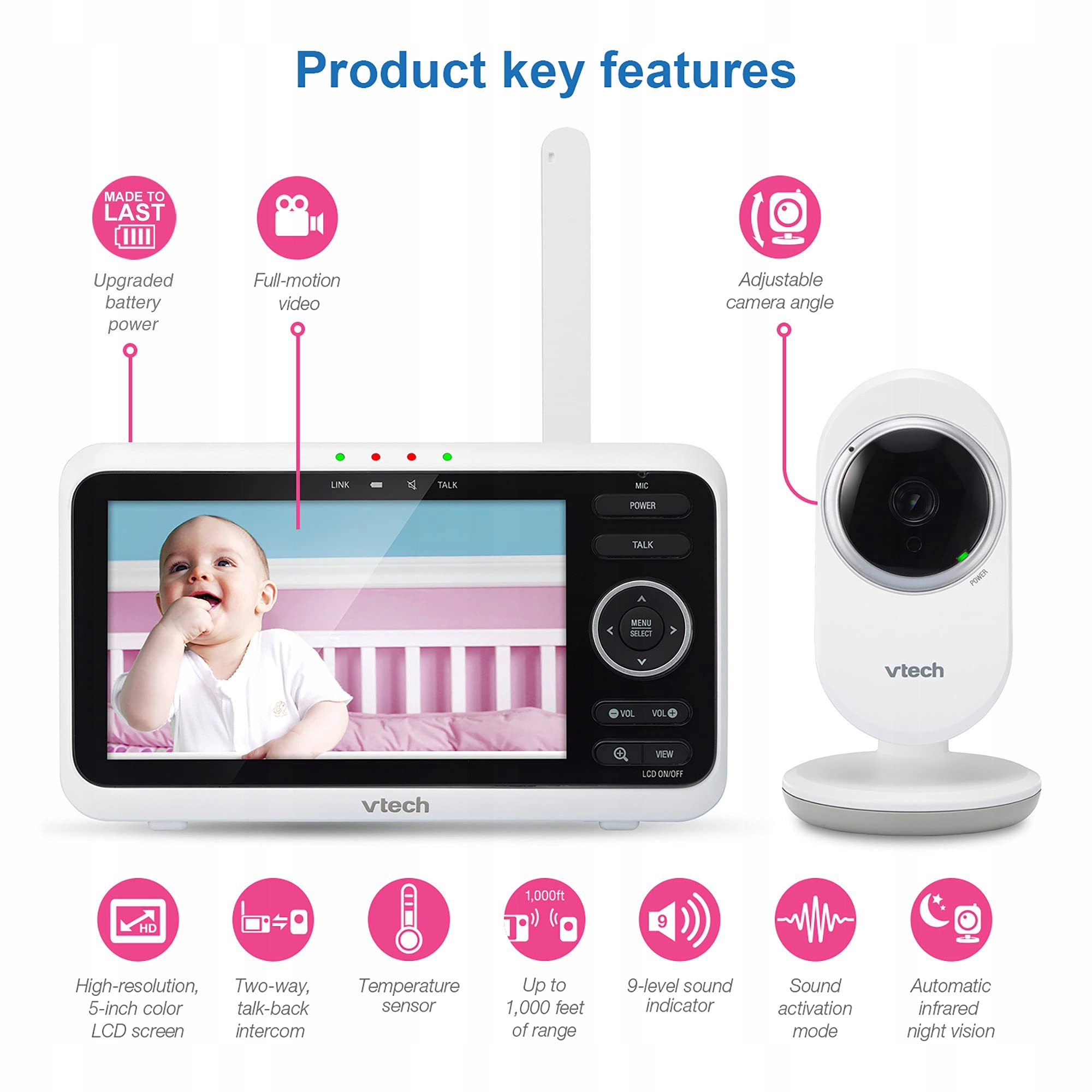 VTECH Babymonitor VM350 Kamera LCD Ekran Dźwięk Nocny Tryb Lullaby — miniatura 6