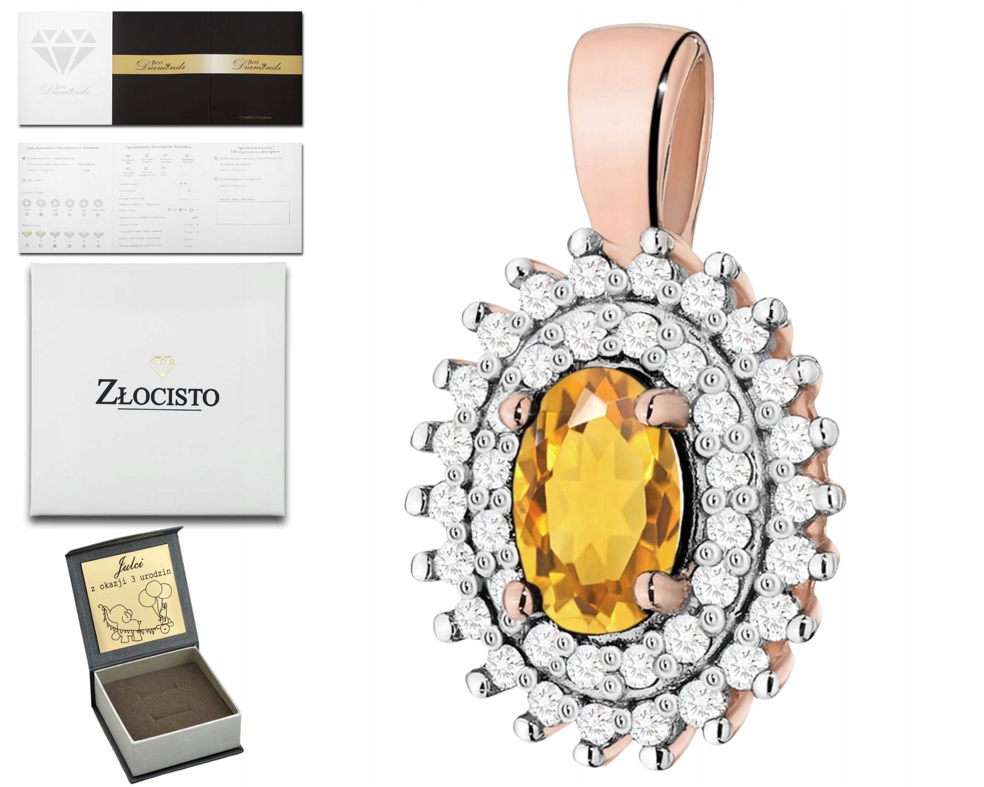 Růžové Zlato Přívěsek Brilianty Diamanty Citron 585 Dárek Gravírování
