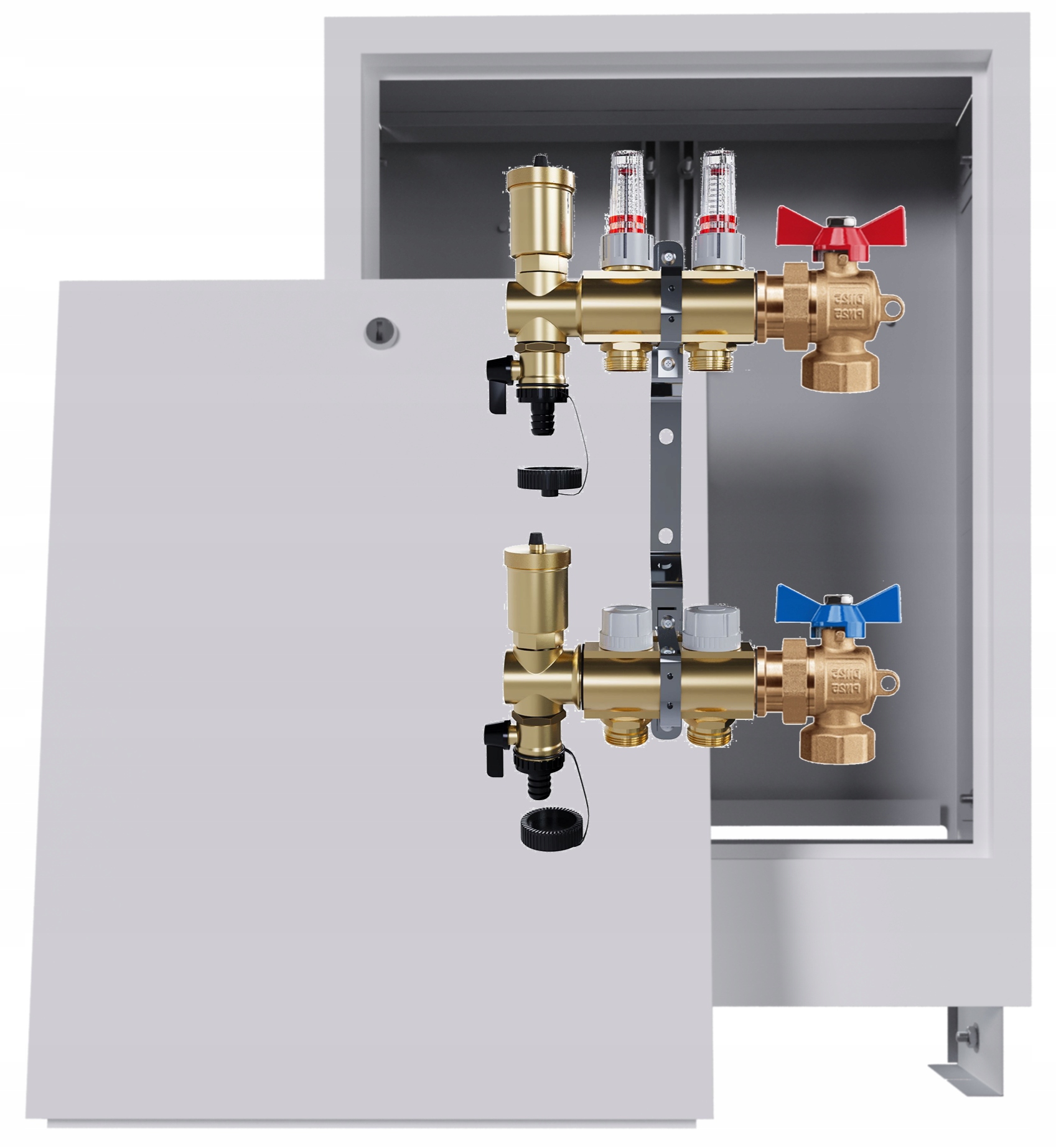 Rozdělovač podlahových krytin mosazný 2 okruhy Podomítková skříňka 2 ventily