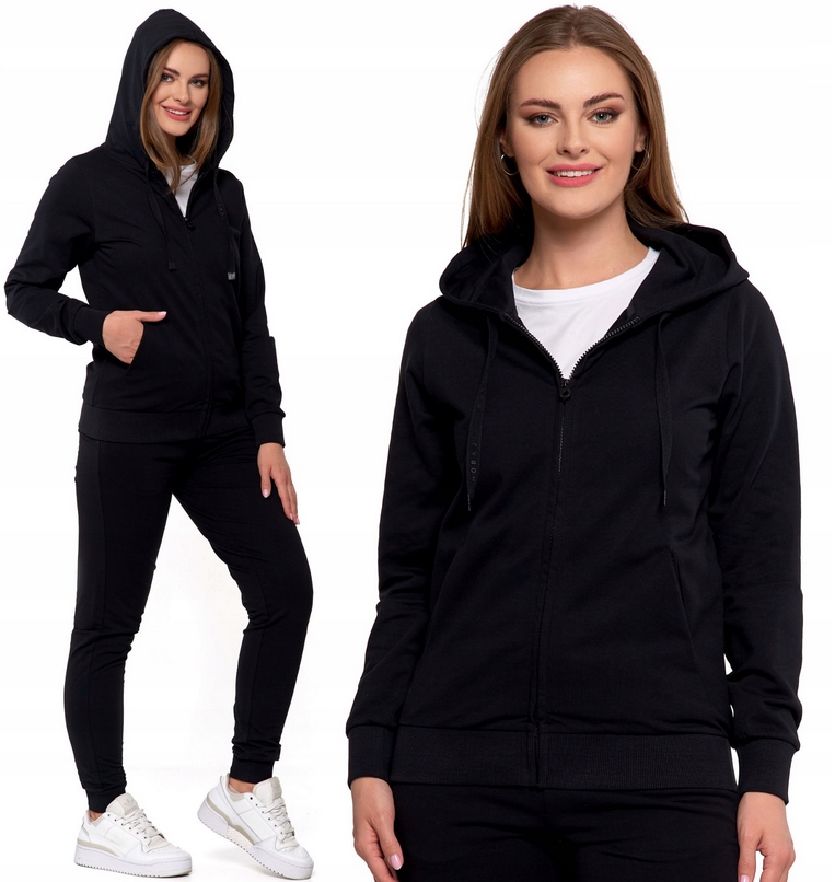 Bawełniany Dres damski Rozpinany spodnie bluza Kaptur komplet 5005 black XL
