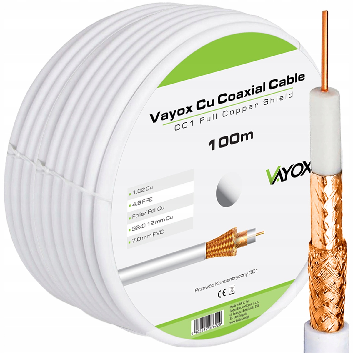 Anténní Kabel Koaxiální Kabel Pro Tv DVBT2 Sat Měď Cu 4K 100 m Vayox