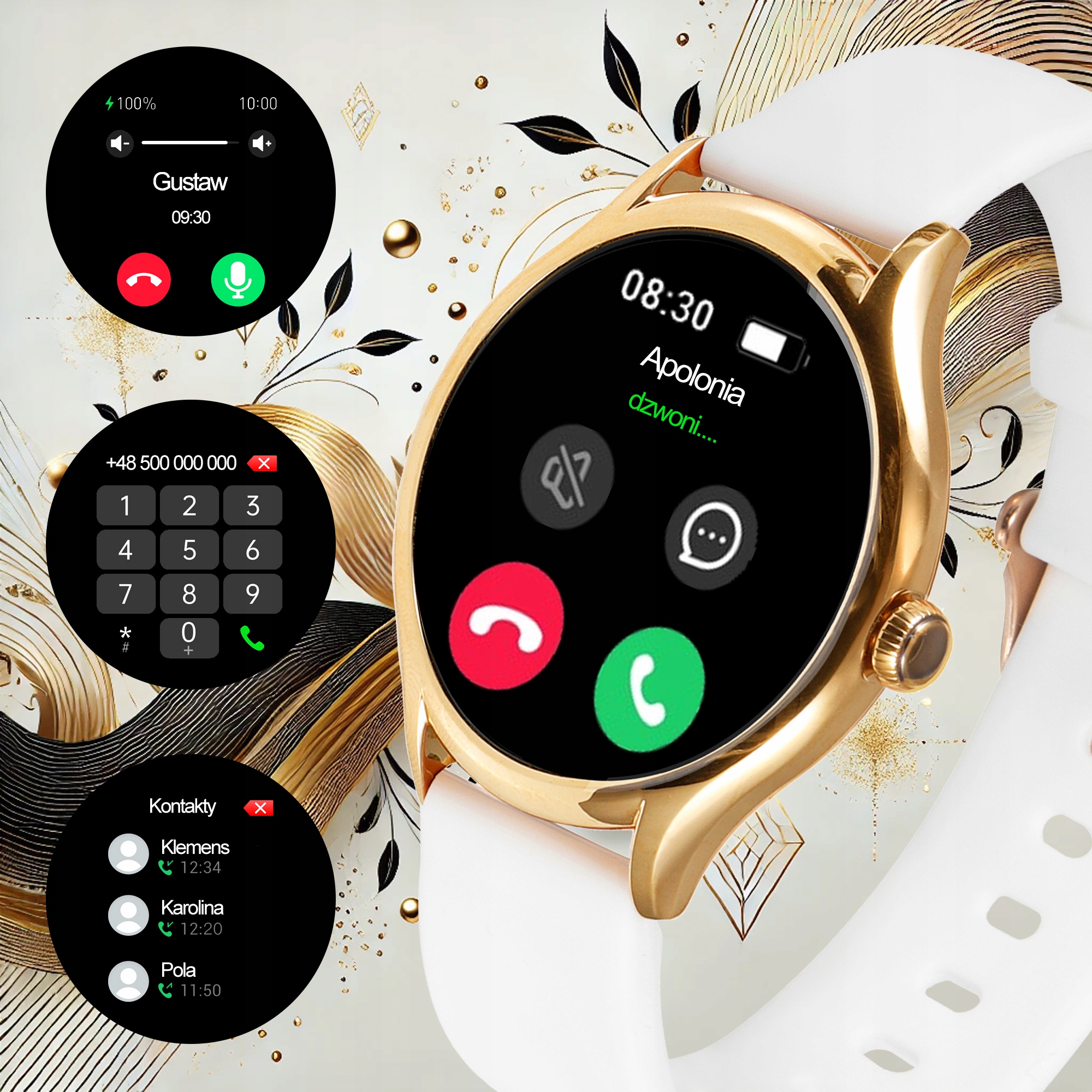 SMARTWATCH DAMSKI ZEGAREK PL MENU POWIADOMIENIA ROZMOWY SMART WATCH 3 PASKI Kolor biały