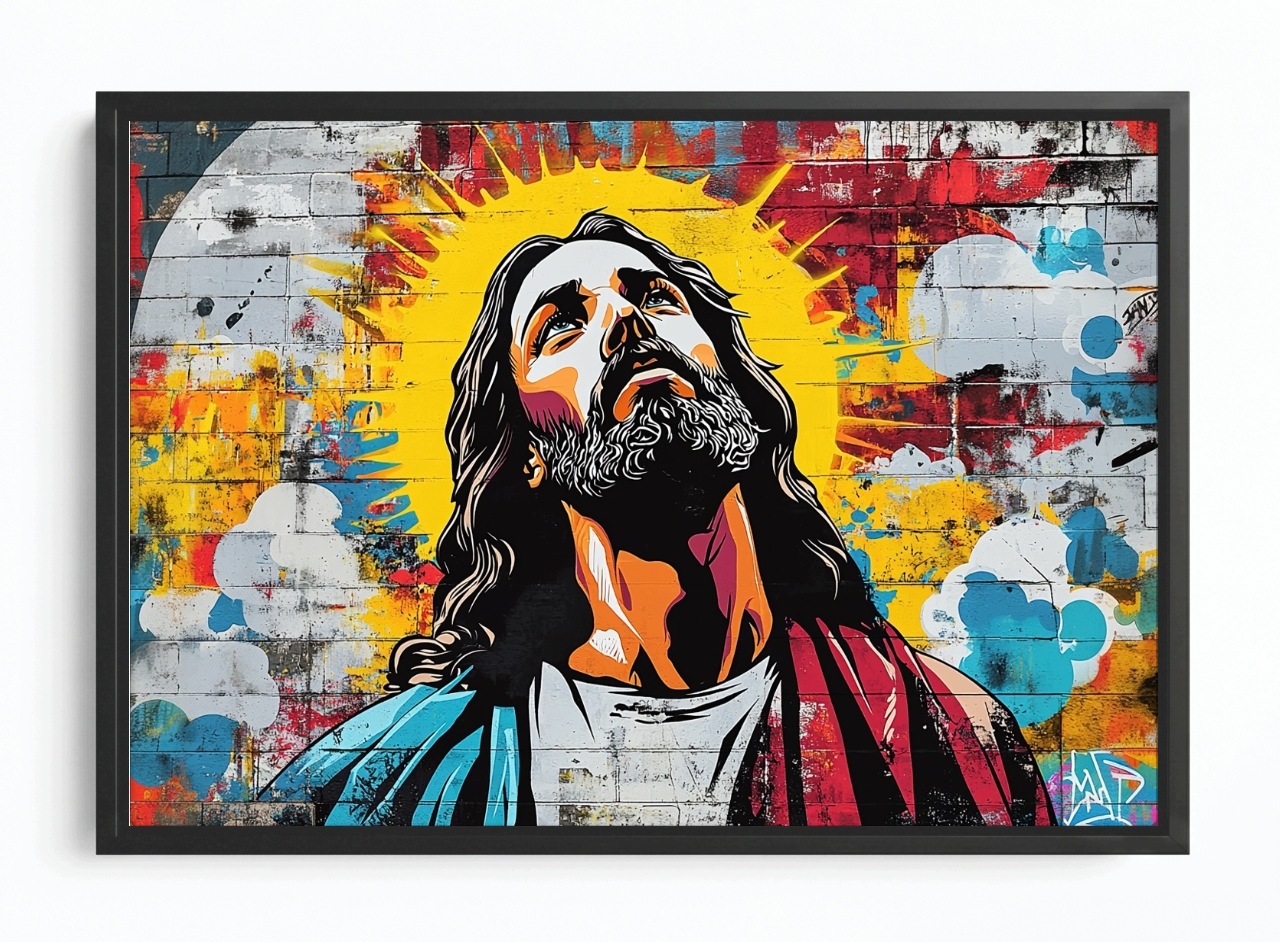 Obraz Rám Americká Krabička Cihlová Zeď Graffiti Street Art Portrét Ježíš 60x40
