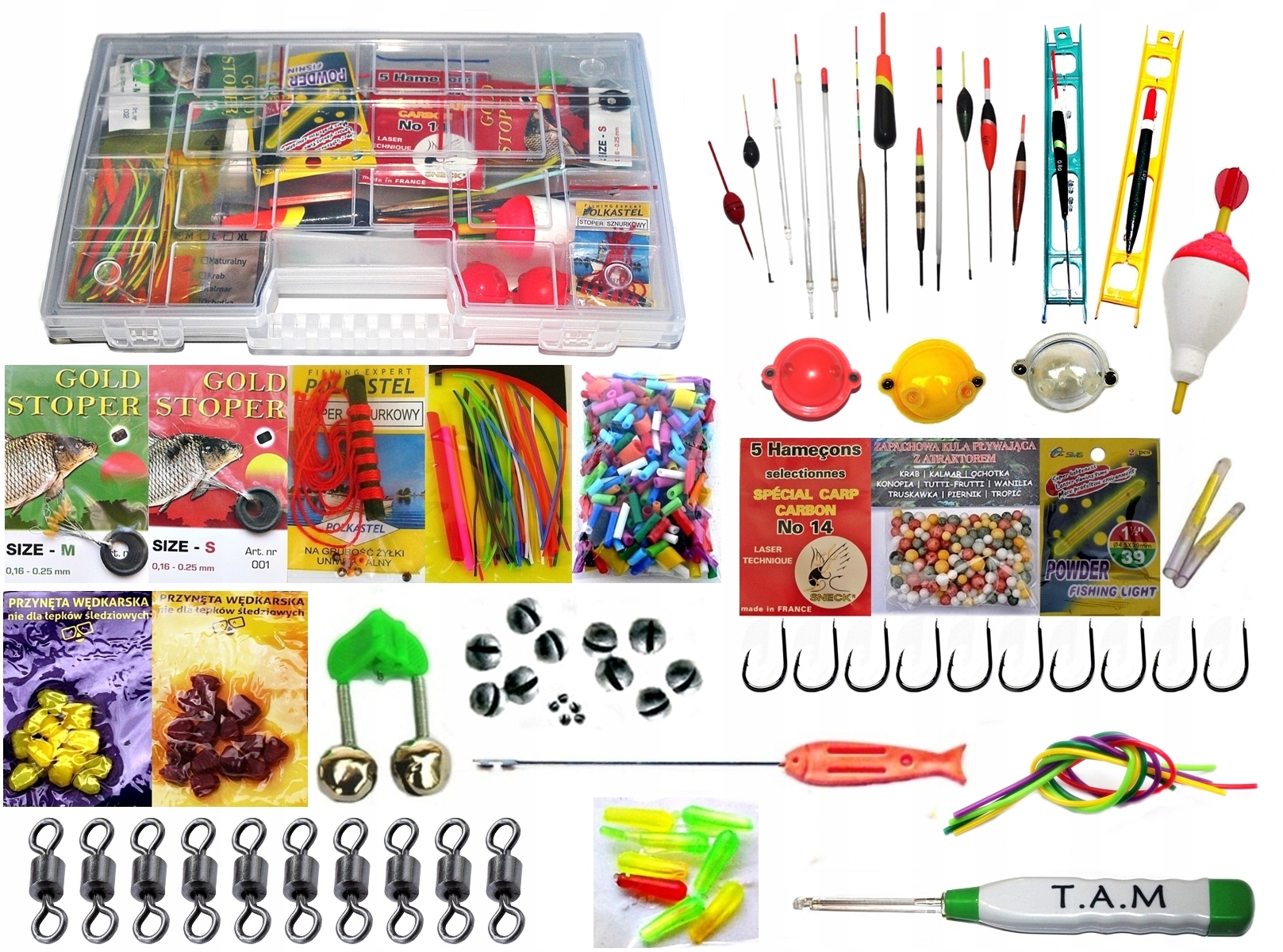 640 AKCESORIÓW WĘDKARSKICH W SKRZYNCE 29cm. x 19cm.
