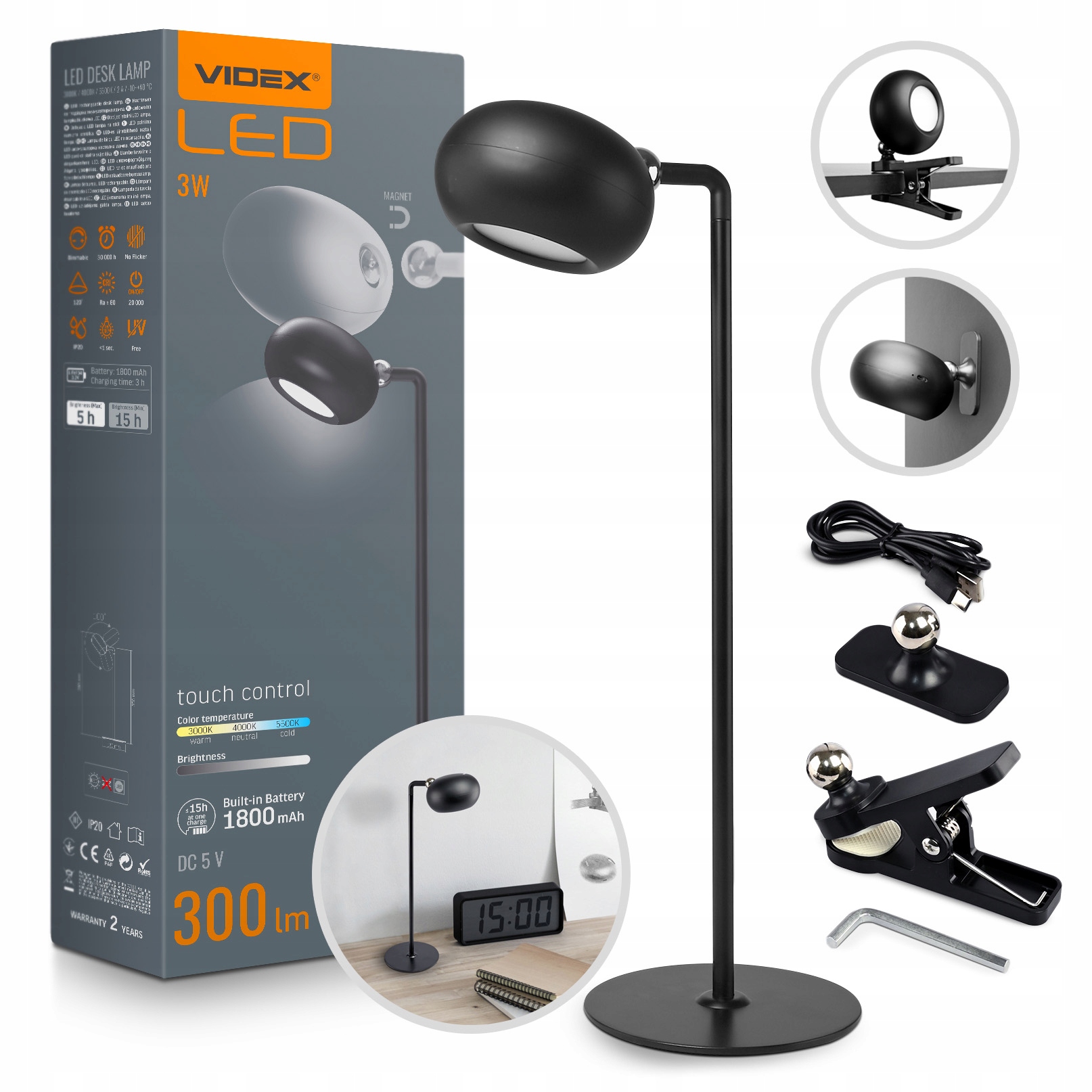 Lampka Biurkowa 3w1 Latarka Led nocna Videx VLE-TF18B akumulatorowa czarna