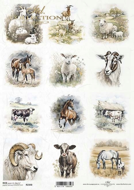 Itd Collection Decoupage Rýžový Papír R2348 Krávy Koně Ovce A4