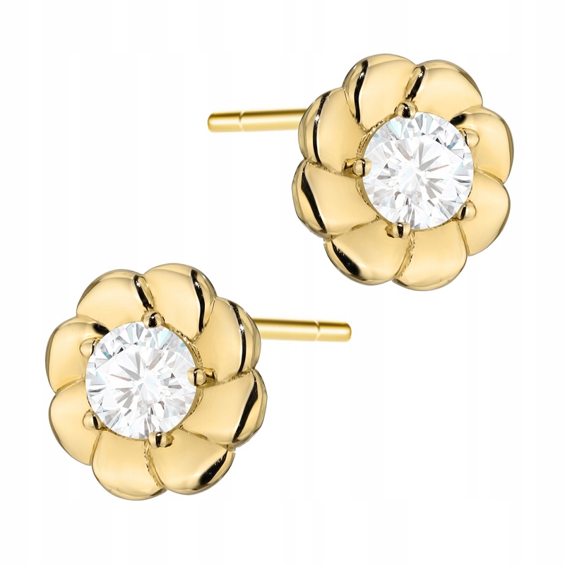 Krásné Zlaté Náušnice pr. 585 s bílou zirkonií uprostřed Květinka 14k