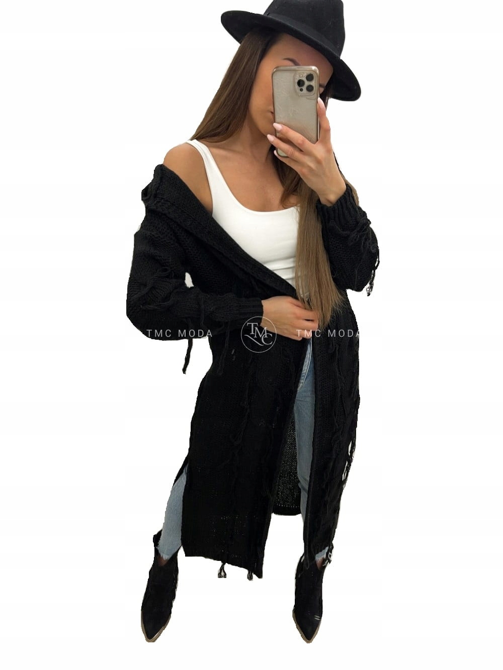 

Długi kardigan z frędzlami czarny Tmc Moda
