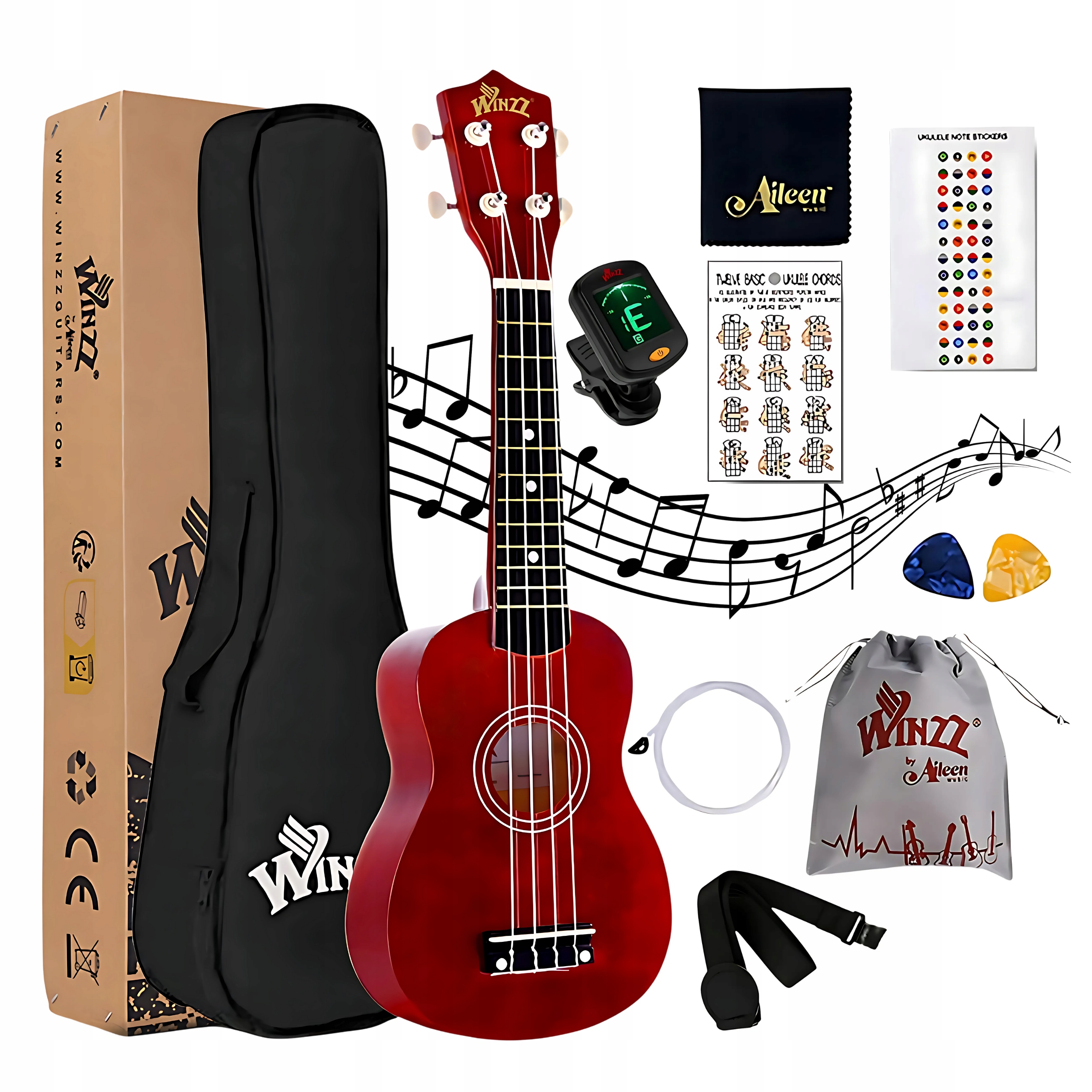 Sopránové ukulele 21 palců Červená Začátečnická sada Obal Winzz