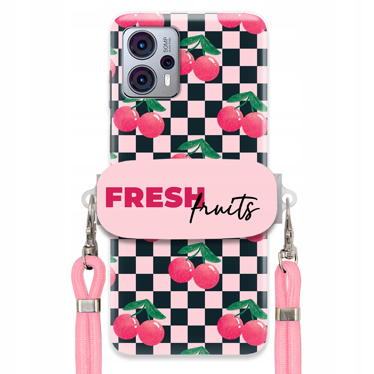 Pouzdro pro Motorola G23 Vodítko Pink Crossbody Držák na šachovnici Fresh Fruits