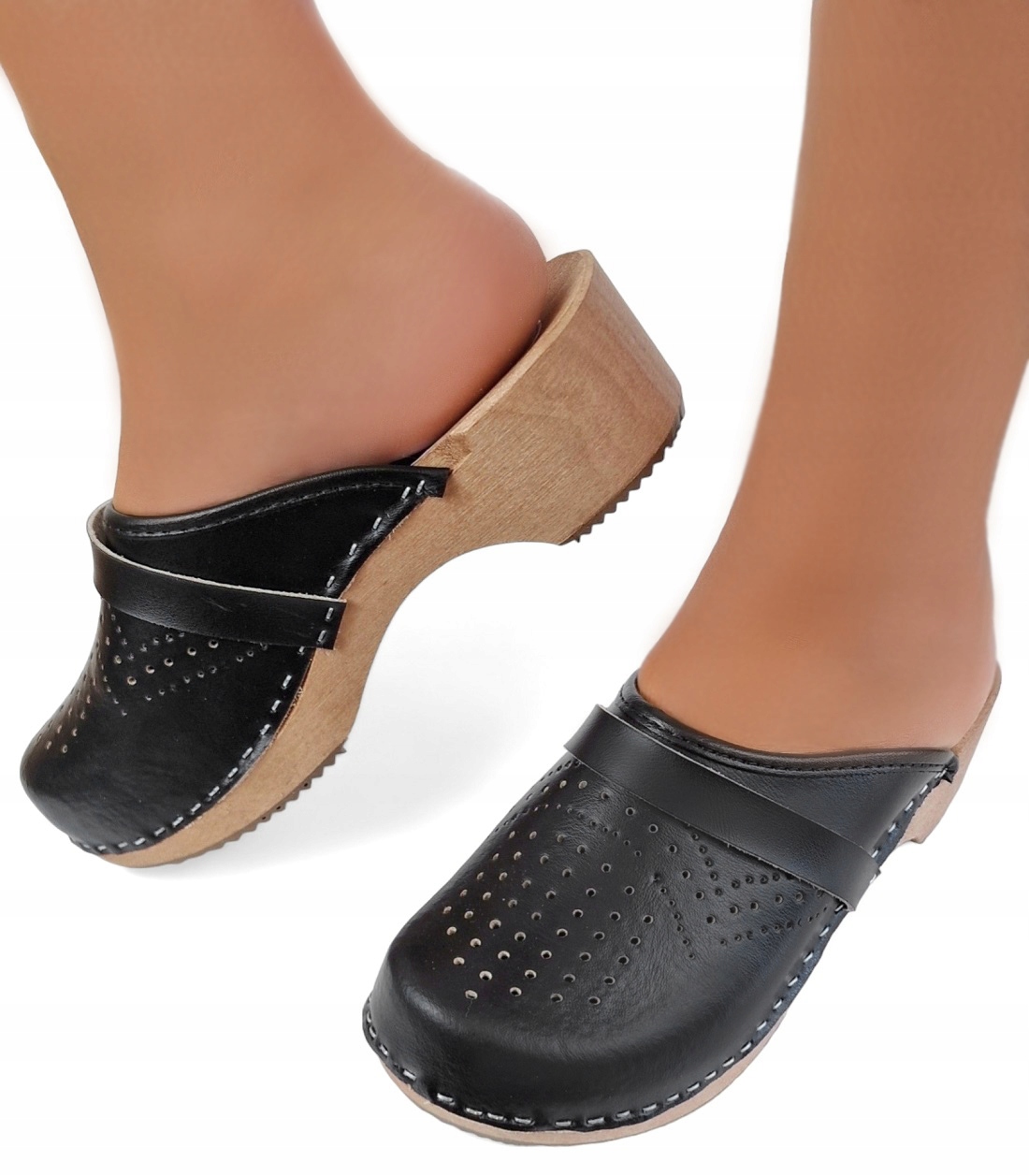 Drewniaki Pełne Ażurowe CZARNE Skórzane Klapki Chodaki Damskie Medyczne *35