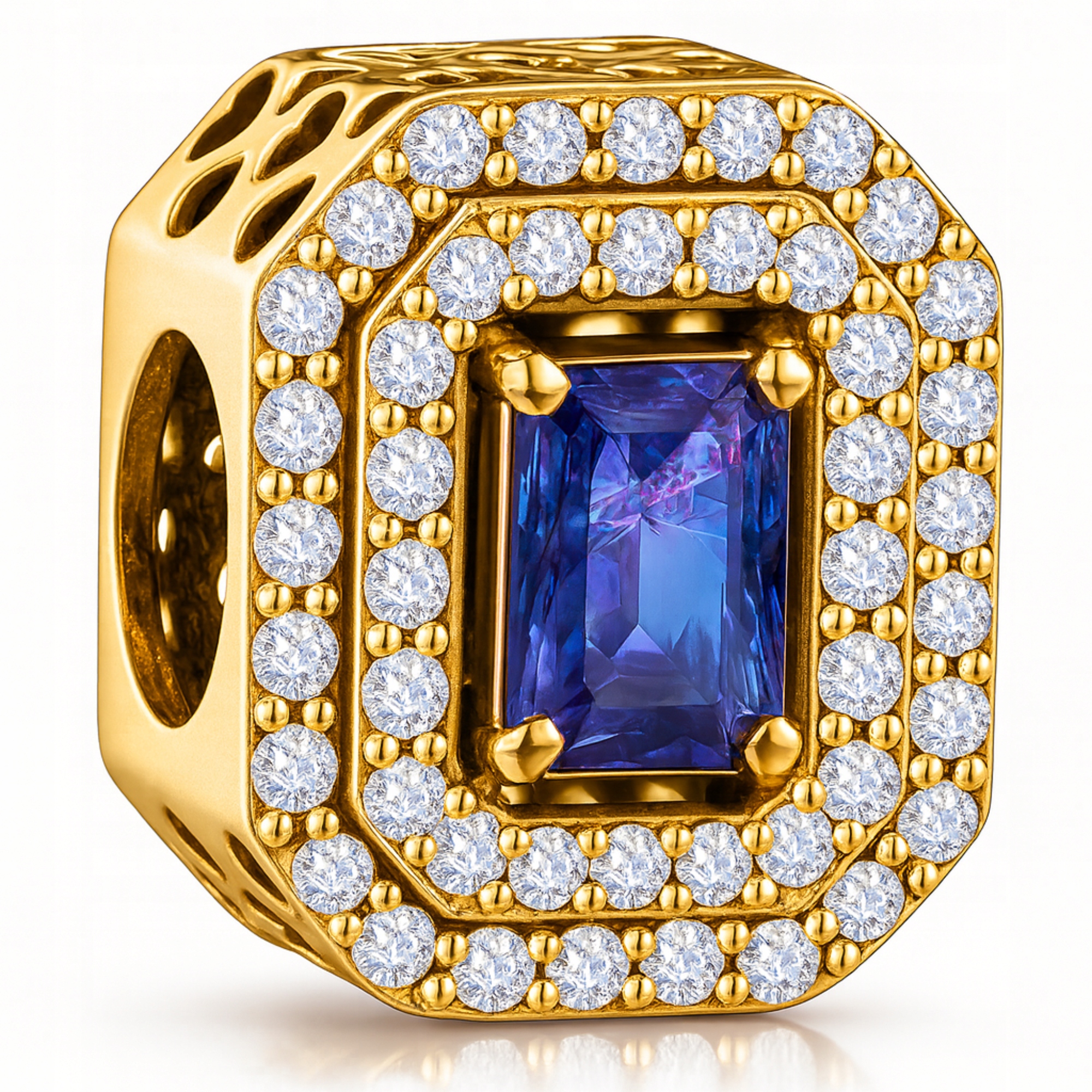 Zlatý přívěsek Charms 925 Modrý Křišťál Lesklý Safírový Korálek se Zirkony