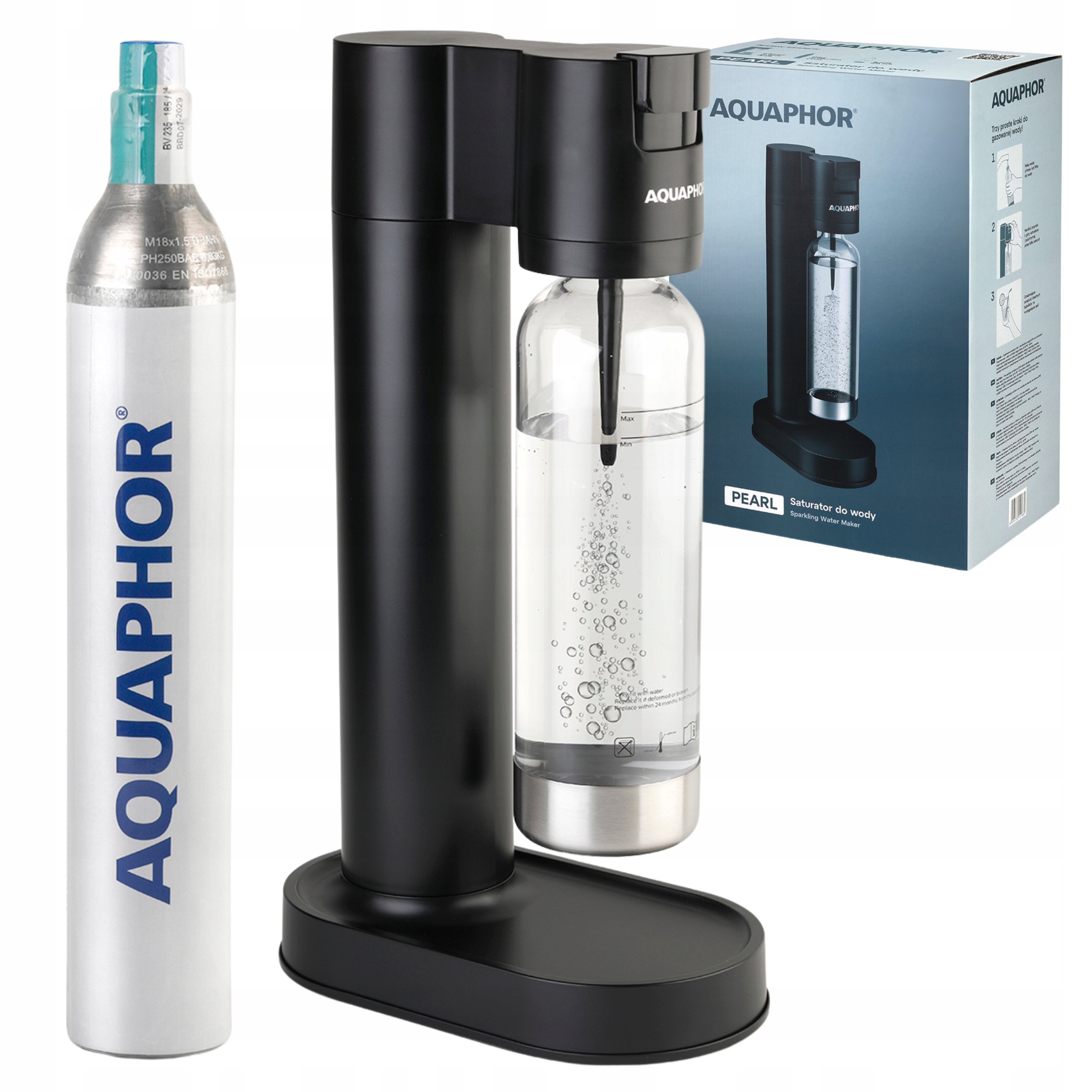 Saturátor Aquaphor Pearl na sýtenú vodu čierny fľaša Bombička s plynom