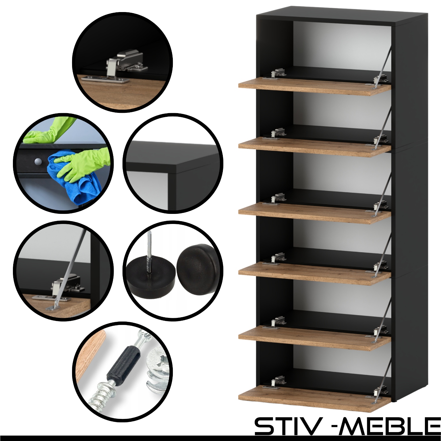 SZAFKA NA BUTY WYSOKA PÓŁKA STOJAK REGAŁ NA PRZEDPOKÓJ LOFT CZARNA WOTAN Szerokość mebla 60 cm