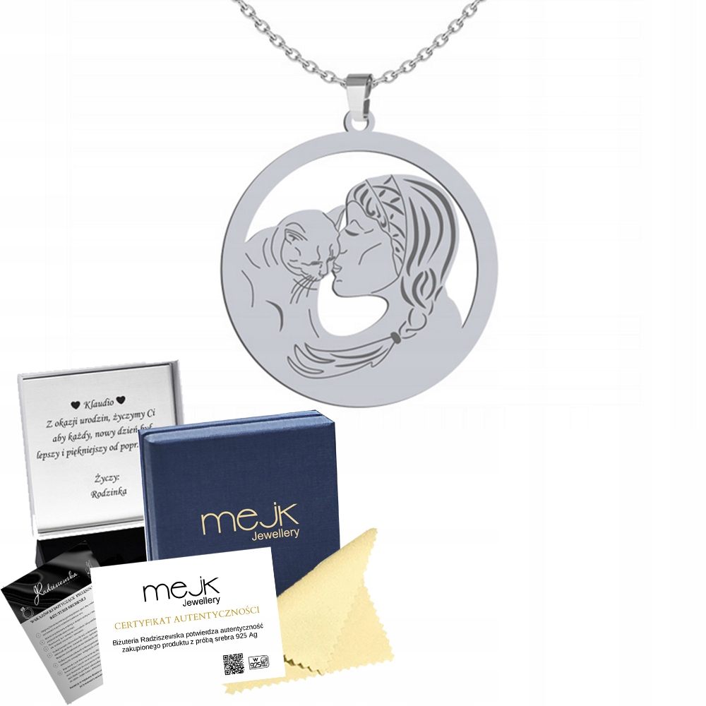 Stříbrný náhrdelník s ženou a kočkou 925 Dárek Řetízek Gravírování Bonus