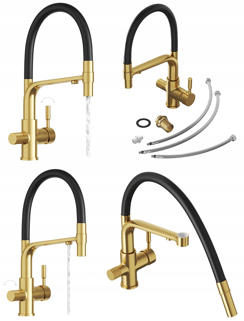 Zlatá trojcestná kuchynská batéria pre vodný filter Malta, výtokový filter