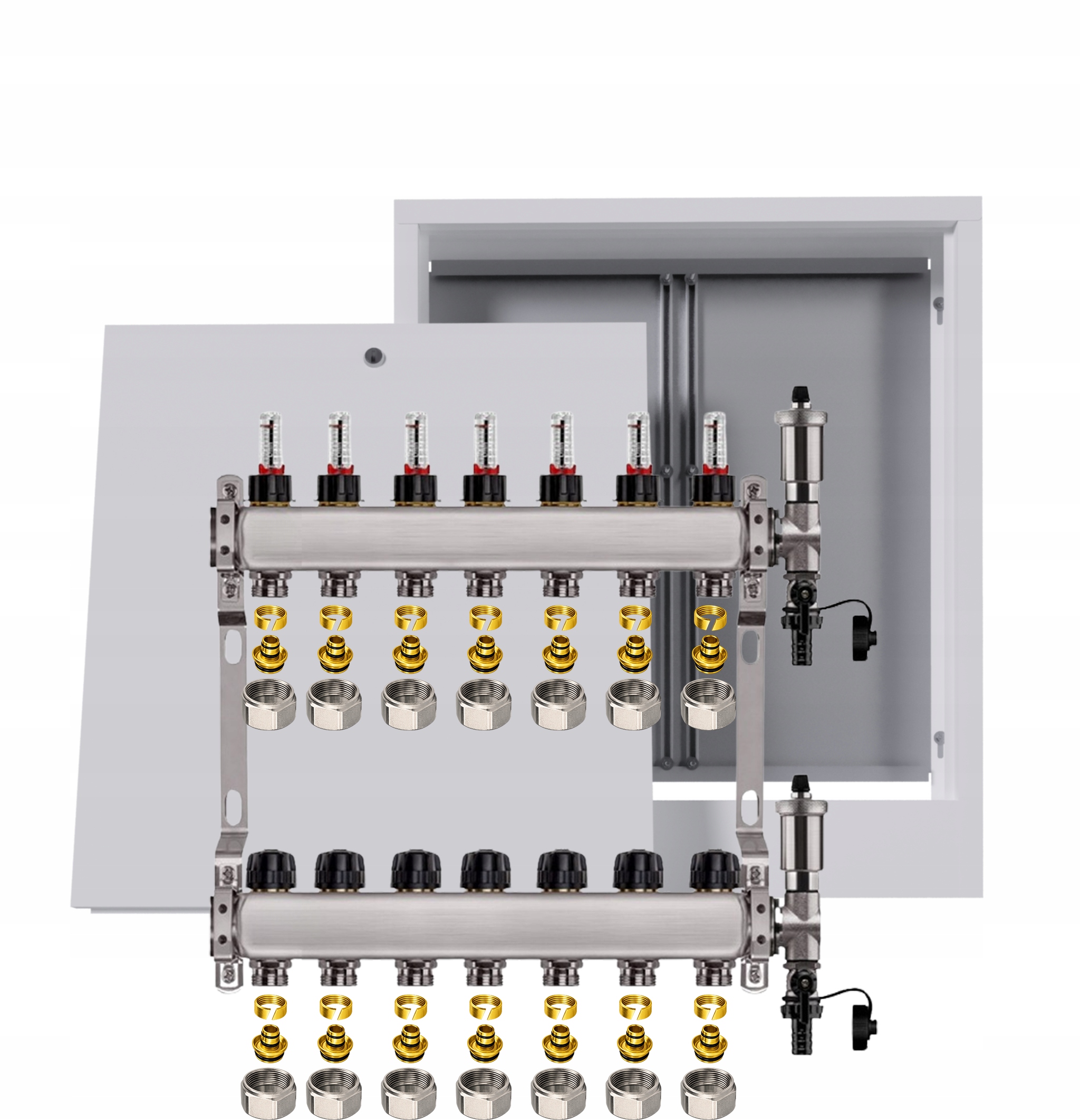 Nerezový rozdělovač pro podlahovku 7 okruhů s nástěnnou schránkou Pex