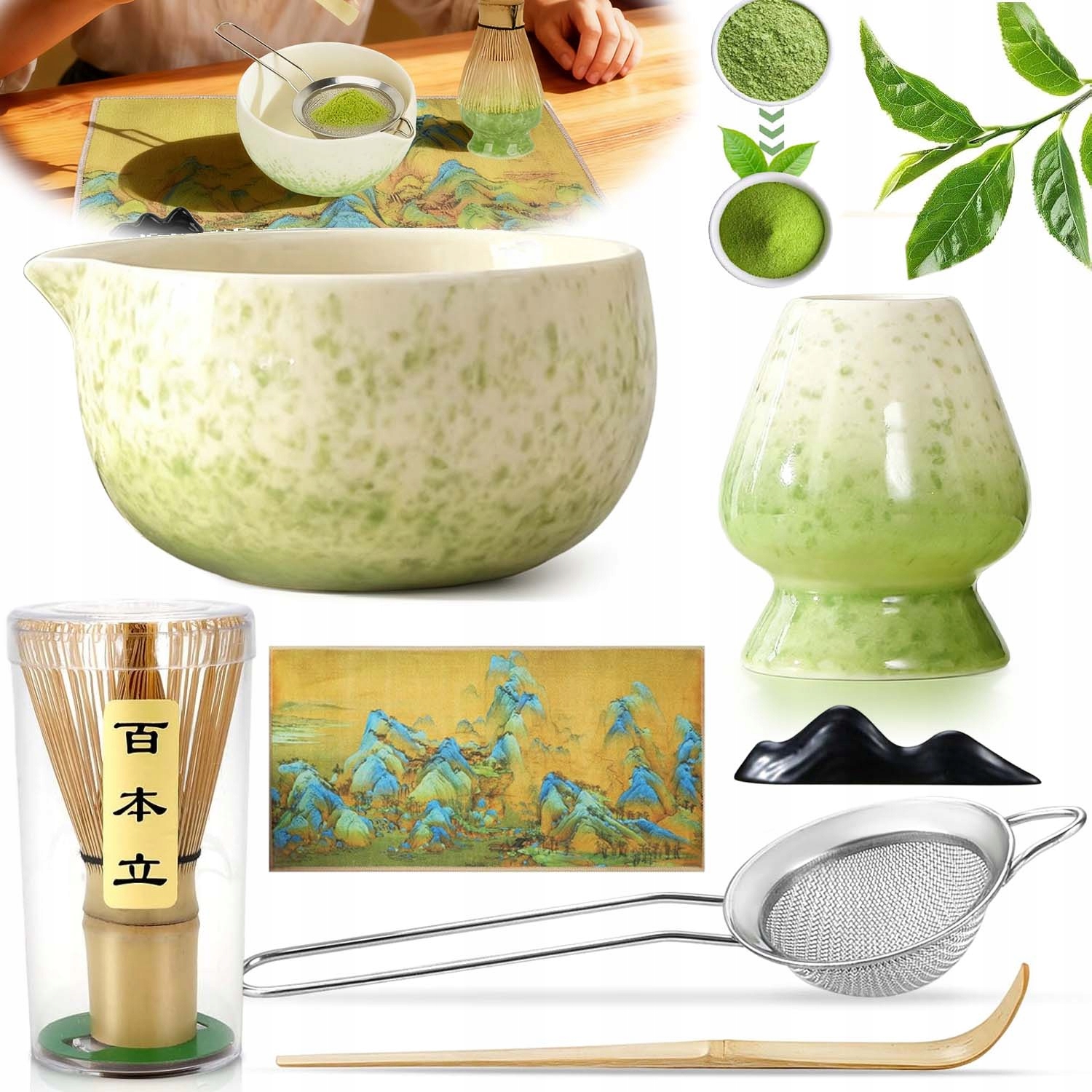 CERAMICZNY ZESTAW DO MATCHY 7W1 CZARKA MIOTEŁKA ŁYŻECZKA DO HERBATY MATCHA