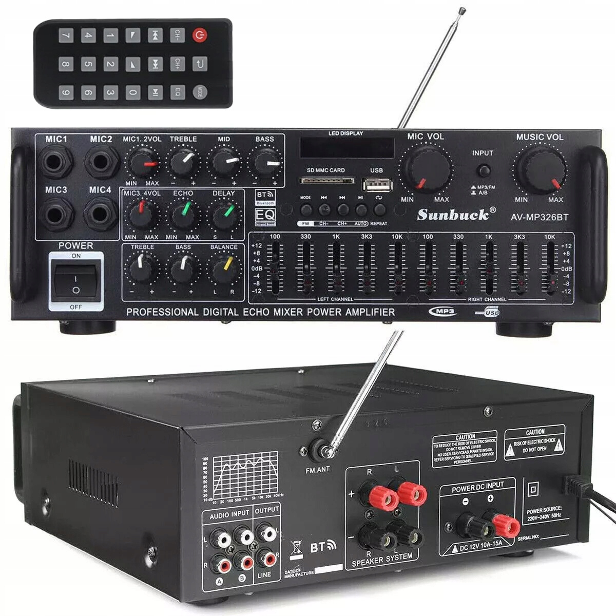 Amplituner Stereo Zesilovač Bluetooth 2000W Fm rádio Dálkové Ovládání