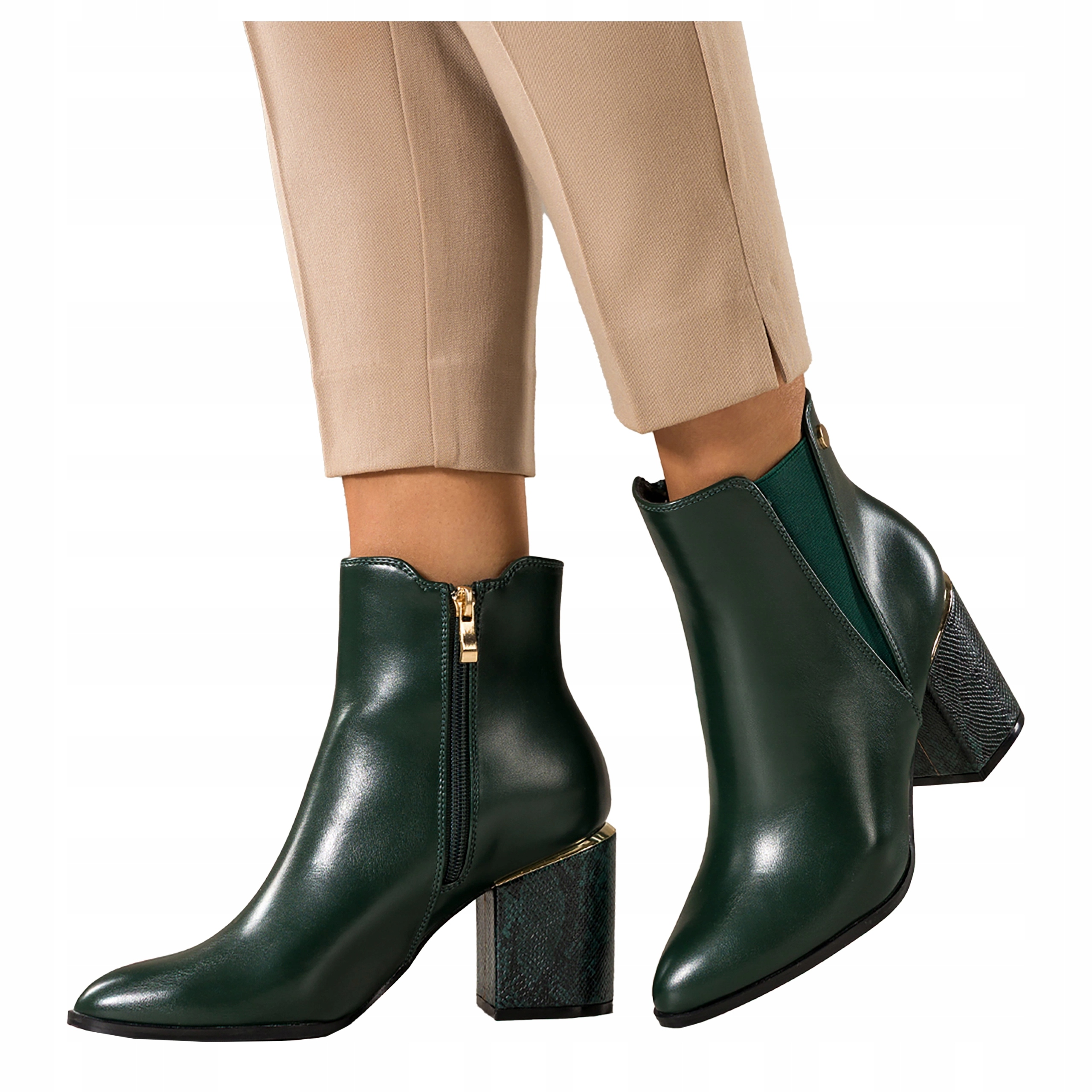 Kotníkové Boty Zelené Dámské Pohodlné Ozdobný Hadí Vzor Zlatý Podpatek Zlaté Doplňky Módní vel. 38