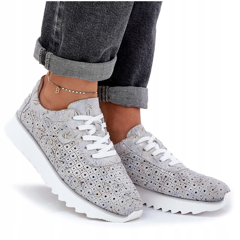 Sportovní Boty Vzorovaný Semiš Brokát Platforma D&a LR51-635 Stříbrné 36