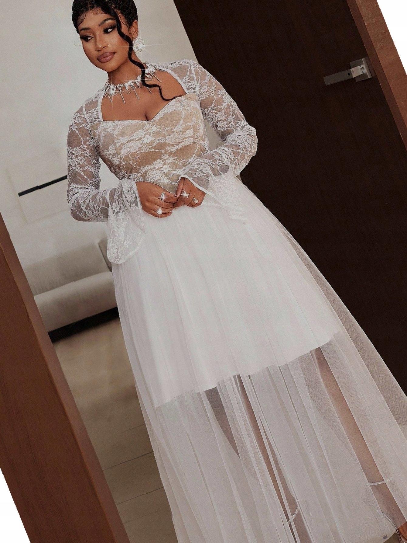 Šaty Glamour Rozšířená Tylová Bílá Dlouhá Krajková 4XL 48