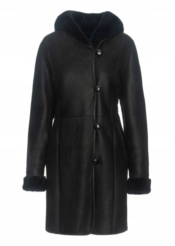 Czarny kożuch damski na guziki r. XS + gratis