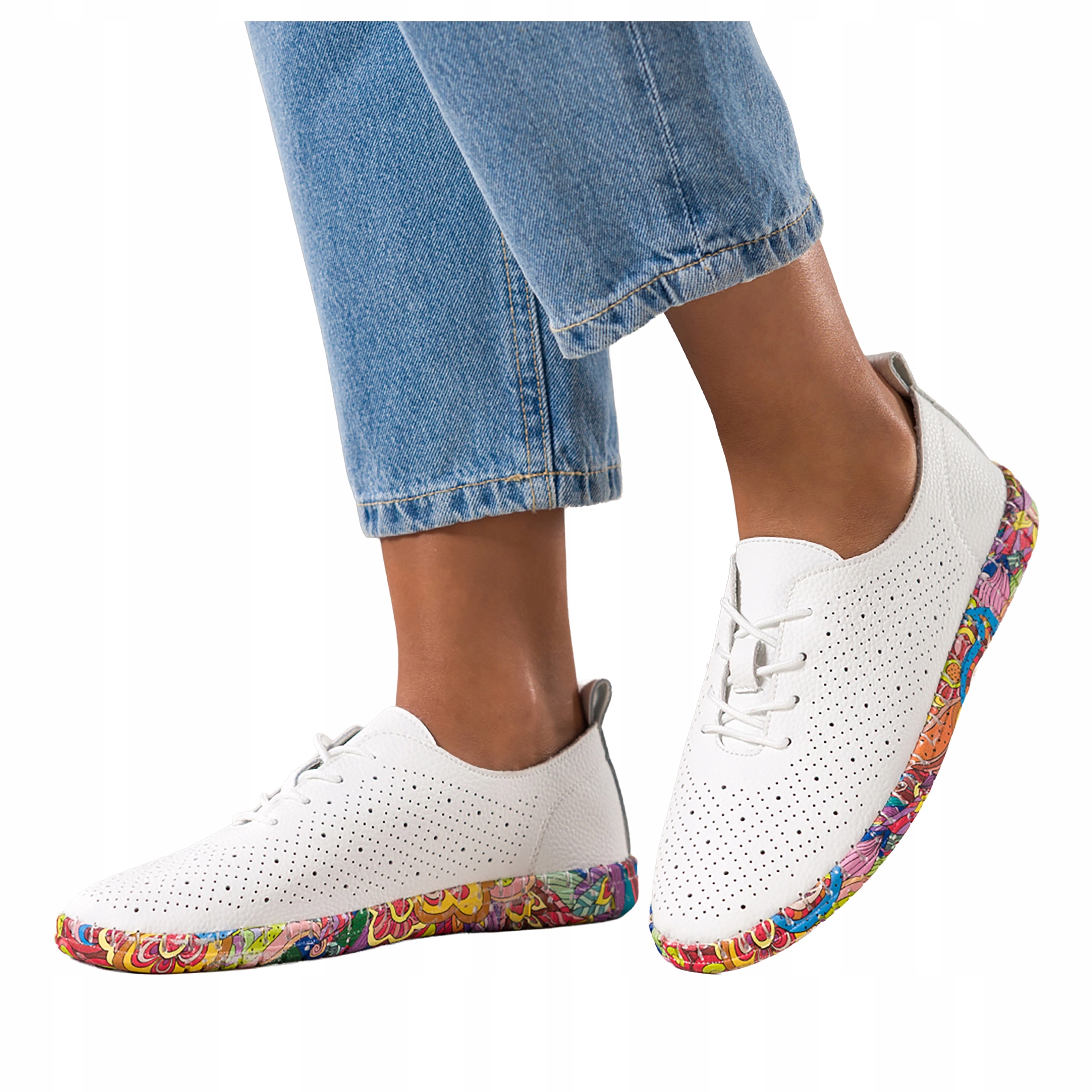 Polobotky Bílé Dámské Kožené Ažurové Barevná podrážka Šněrovací r 39