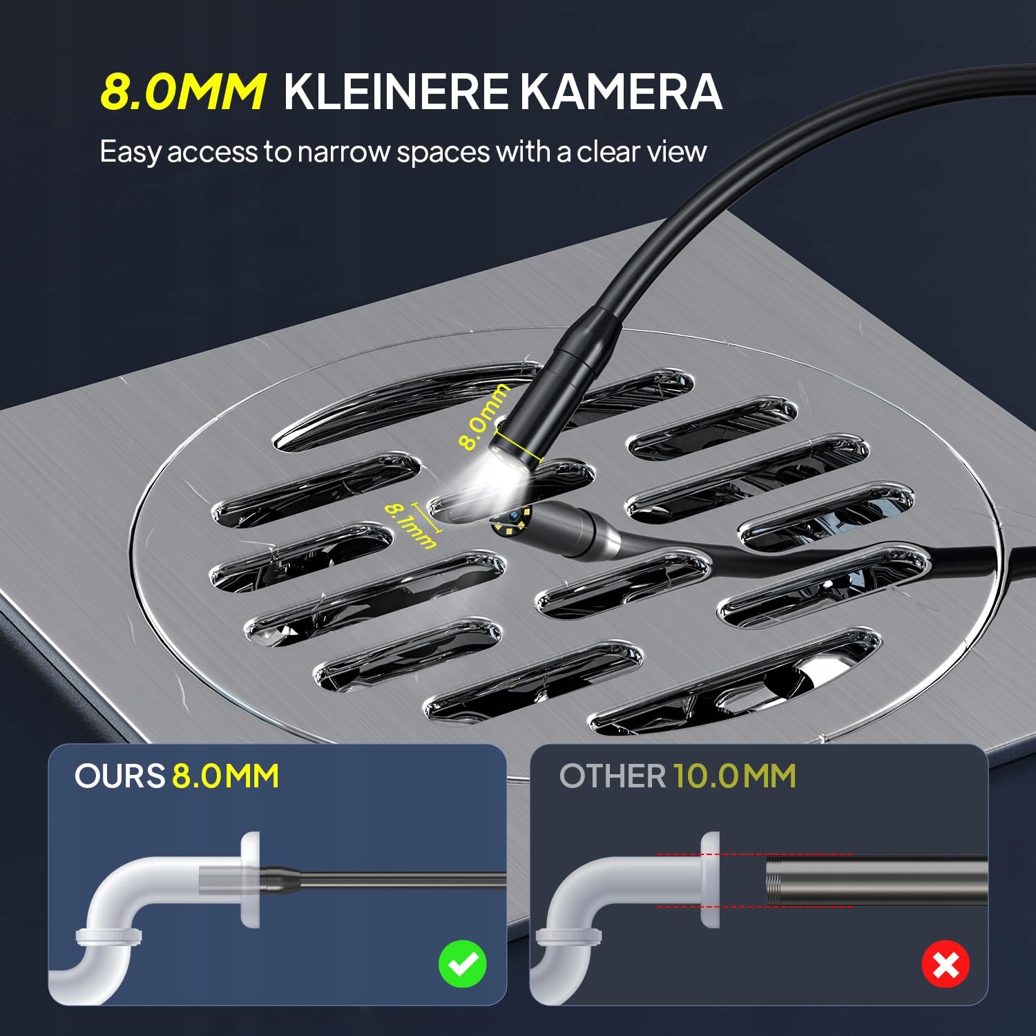 QIMIC Kamera Inspekcyjna 15m 8mm IP67 Wodoodporna z 8 LED i 4.3" Ekranem — miniatura 4