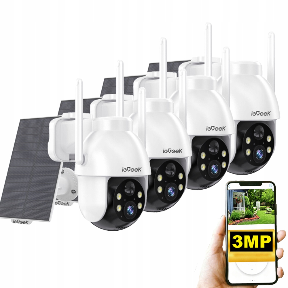 4 kusy Venkovní kamera Solar WiFi 3MPX Noční video, barevné noční vidění