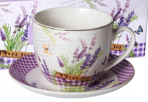 Zestaw prezentowy FILIŻANKA SPODEK w pudełku 4 el LAWENDA SIA Pojemność 250 ml