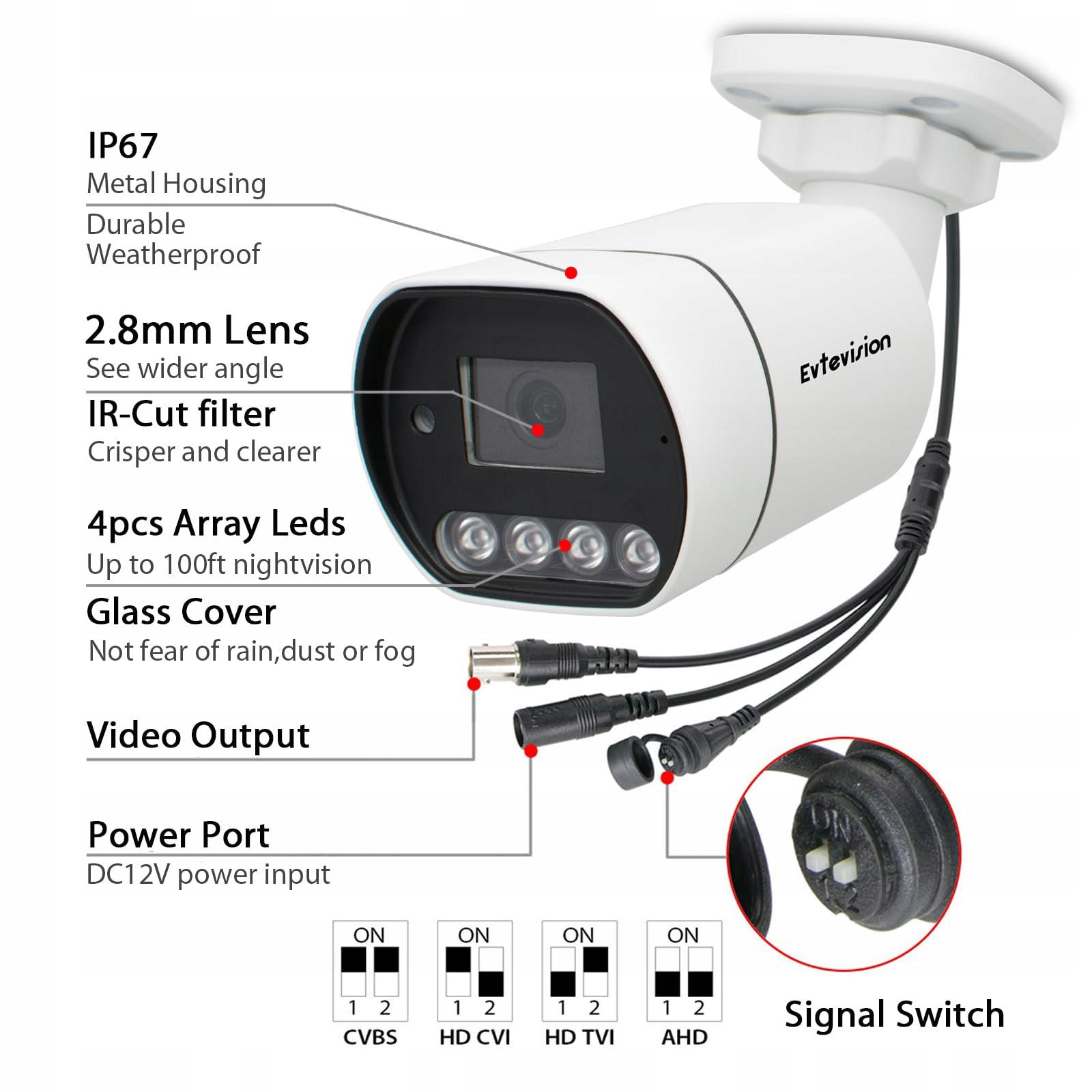 EVTEVISION 5MP Kamera Zewnętrzna 4w1 AHD TVI CVI CVBS 30M Noc IP67 — miniatura 3