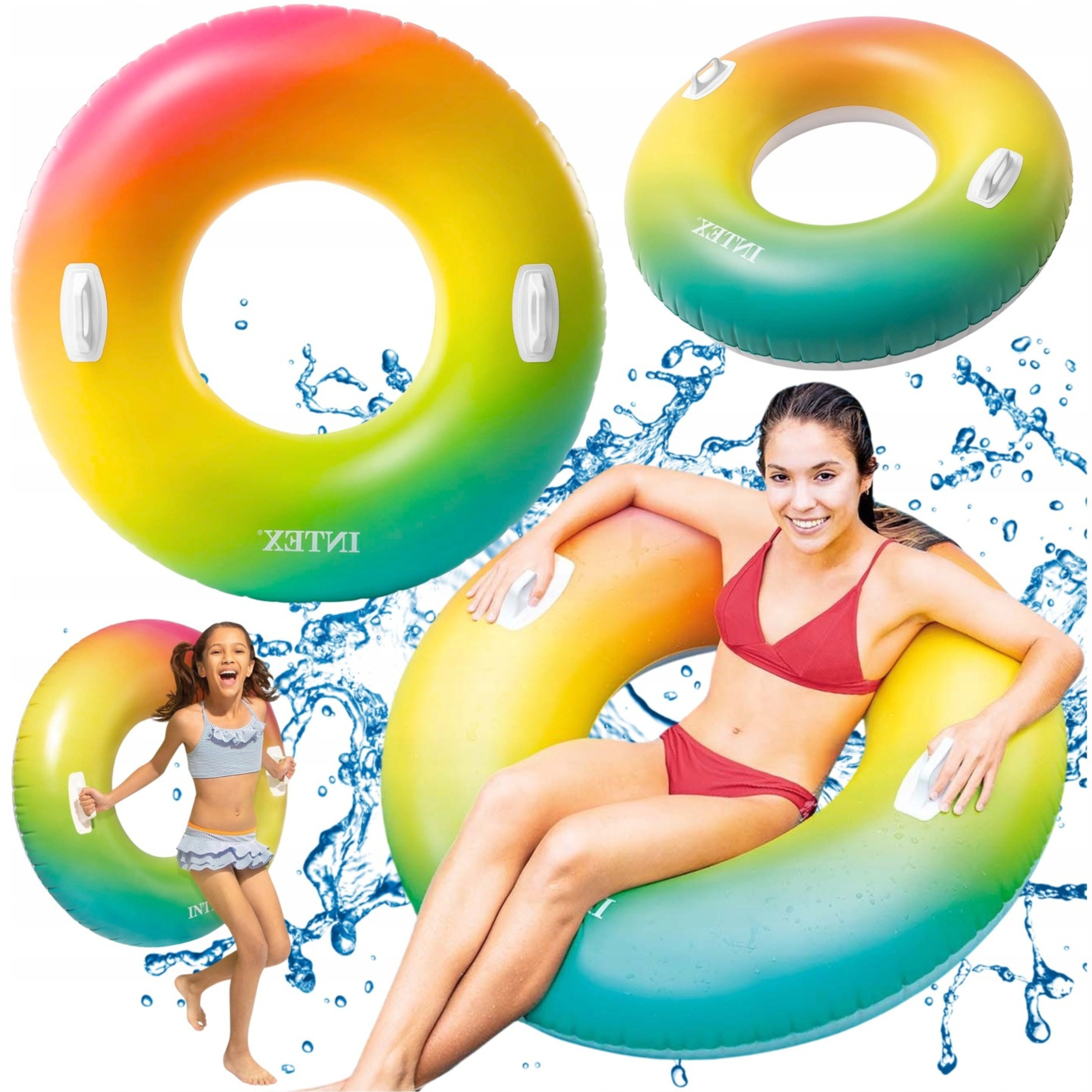 Koło Do Pływania Dmuchane Tęczowe Intex Duże XXL Fotel Uchwyty 119 CM