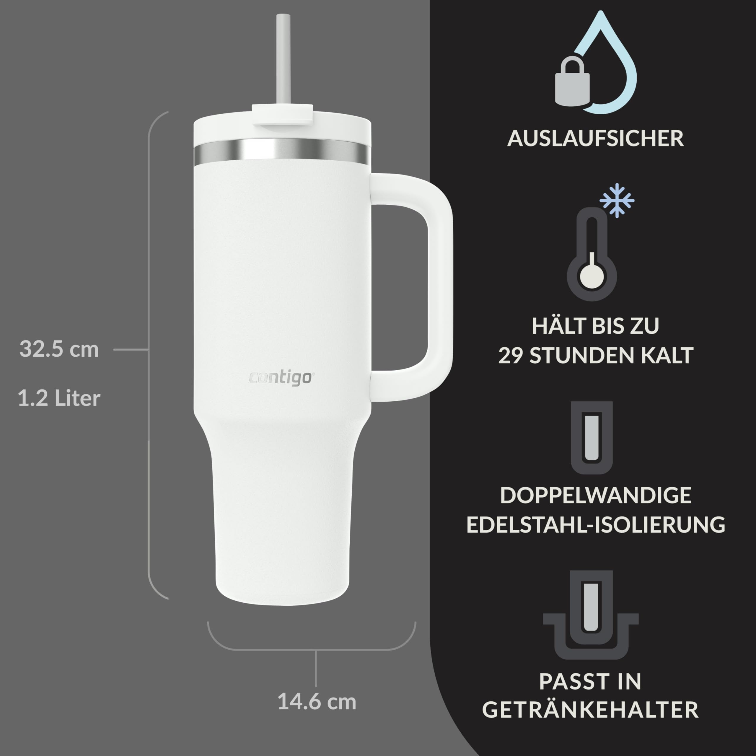 CONTIGO Butelka Termiczna Stalowa 1200ml Z Uchem I Słomką BPA Free — miniatura 2