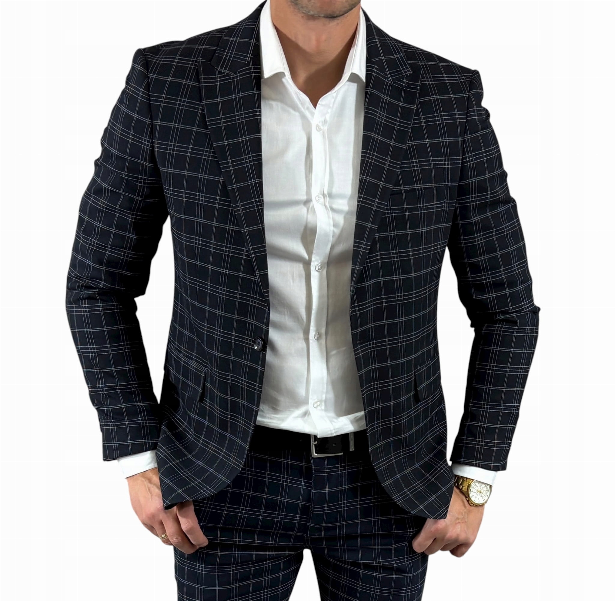 Sako vypasovaná bunda v modré barvě s jemným kostkovaným vzorem DJM11 52