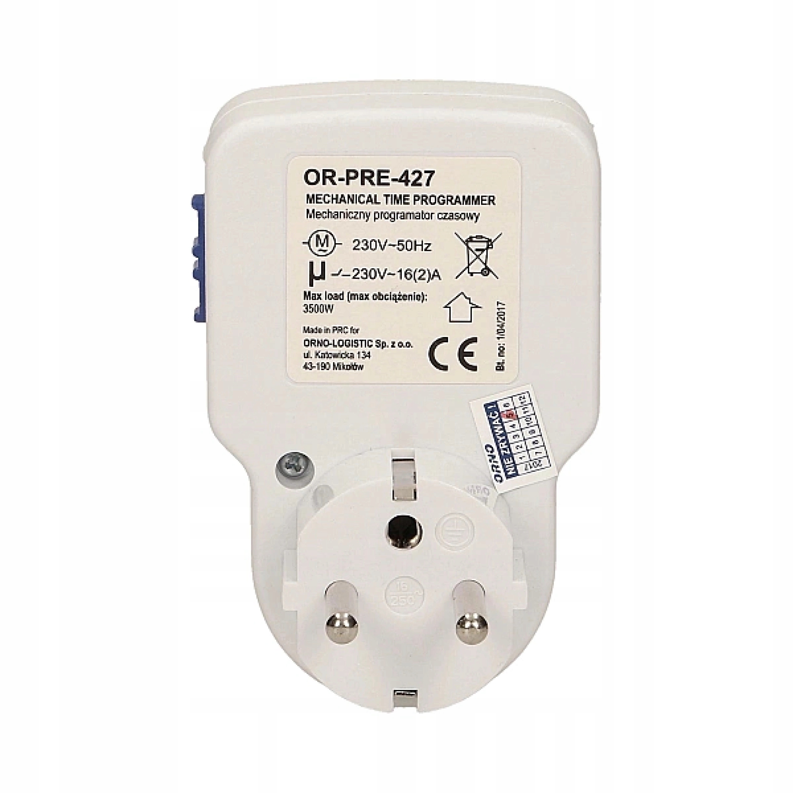 ORNO Timer Mechaniczny Programator Czasowy MINI 3500W Analogowy do Gniazdka Rodzaj programator czasowy