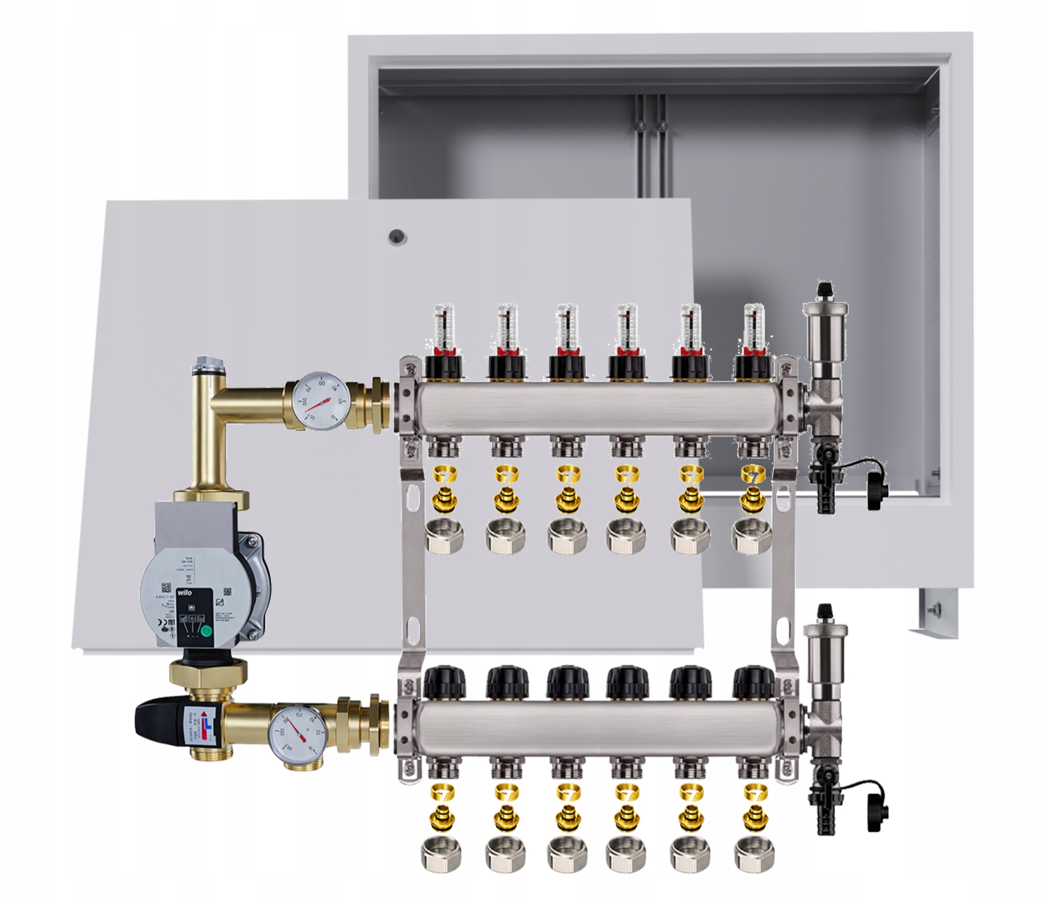 Nerezový rozdeľovač na podlahu 6 podomietková skrinka Čerpadlo Wilo Pex