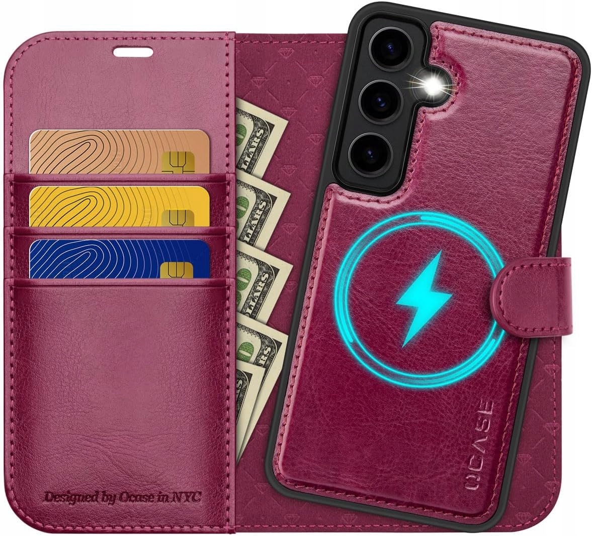 Ocase etui skórzane magsafe do Samsung Galaxy S24 S25 2w1 portfel bordowe