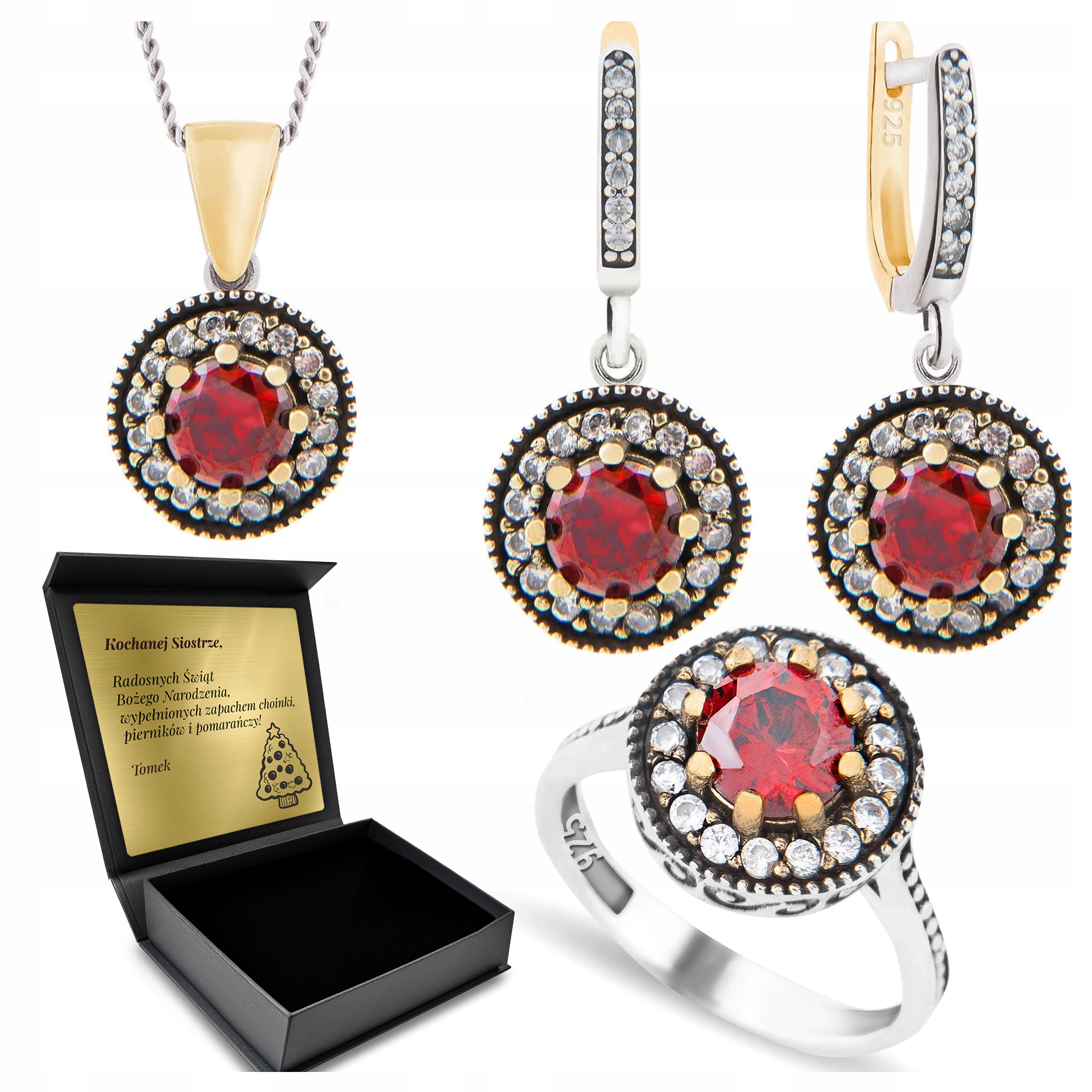 Sada Stříbrných Šperků 925 S Zirkony A Granátem Pro Ženu Gravírování