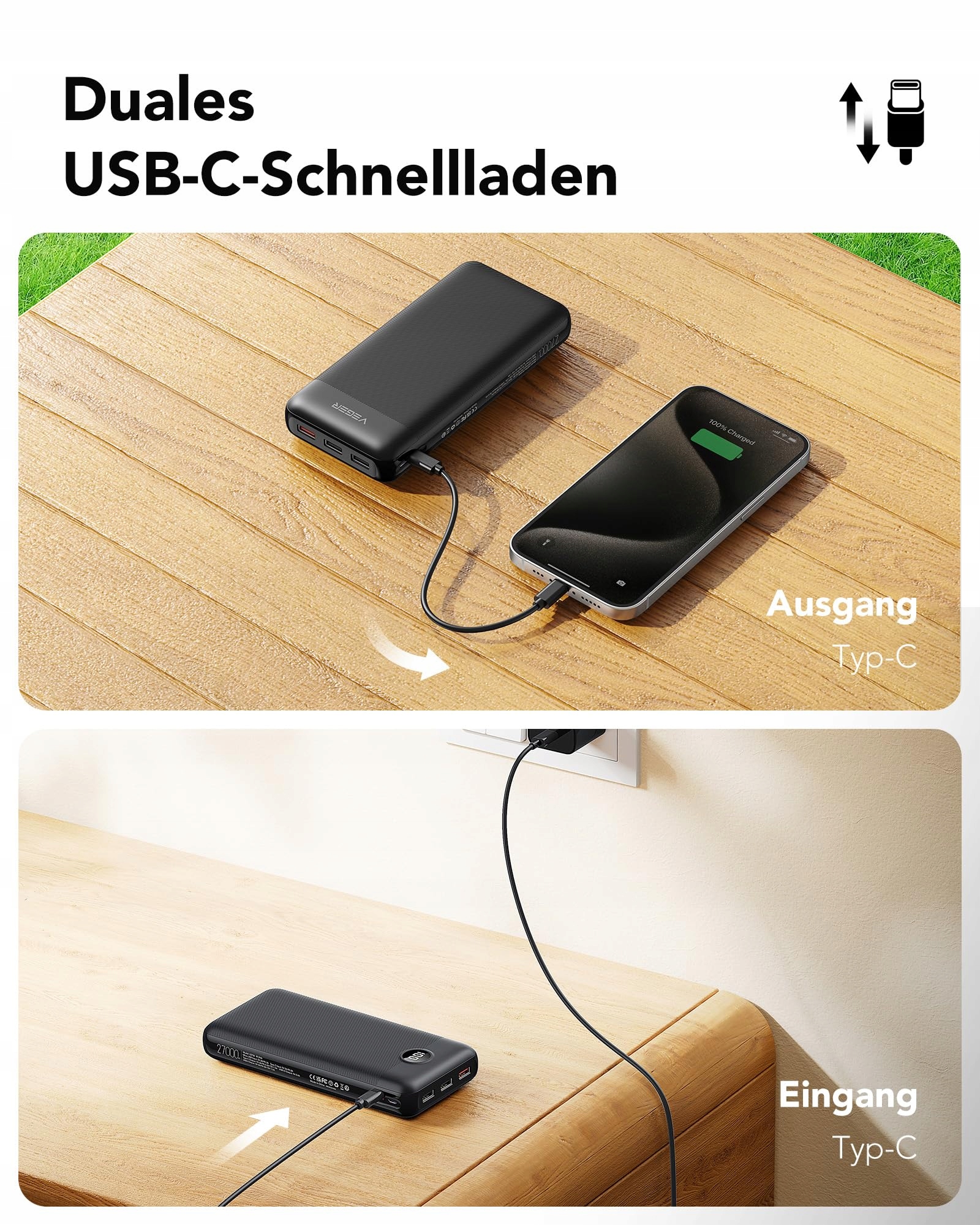VEGER Power Bank 27000mAh 20W PD USB C, 4 Outputs, LED, iPhone/Samsung — miniatura 5