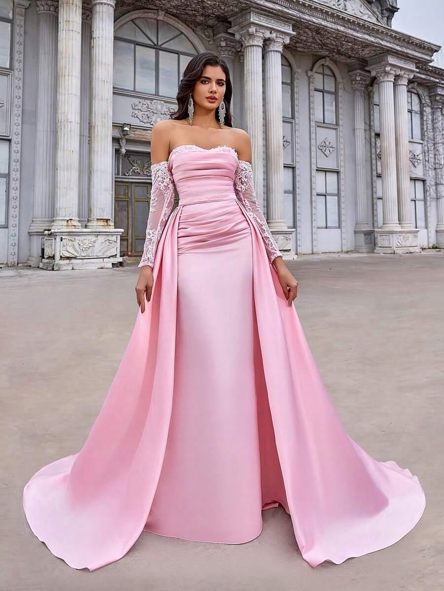 FC56312 Shein Balová Šaty Maxi Krajka S Odhalenými Rameny (29) M