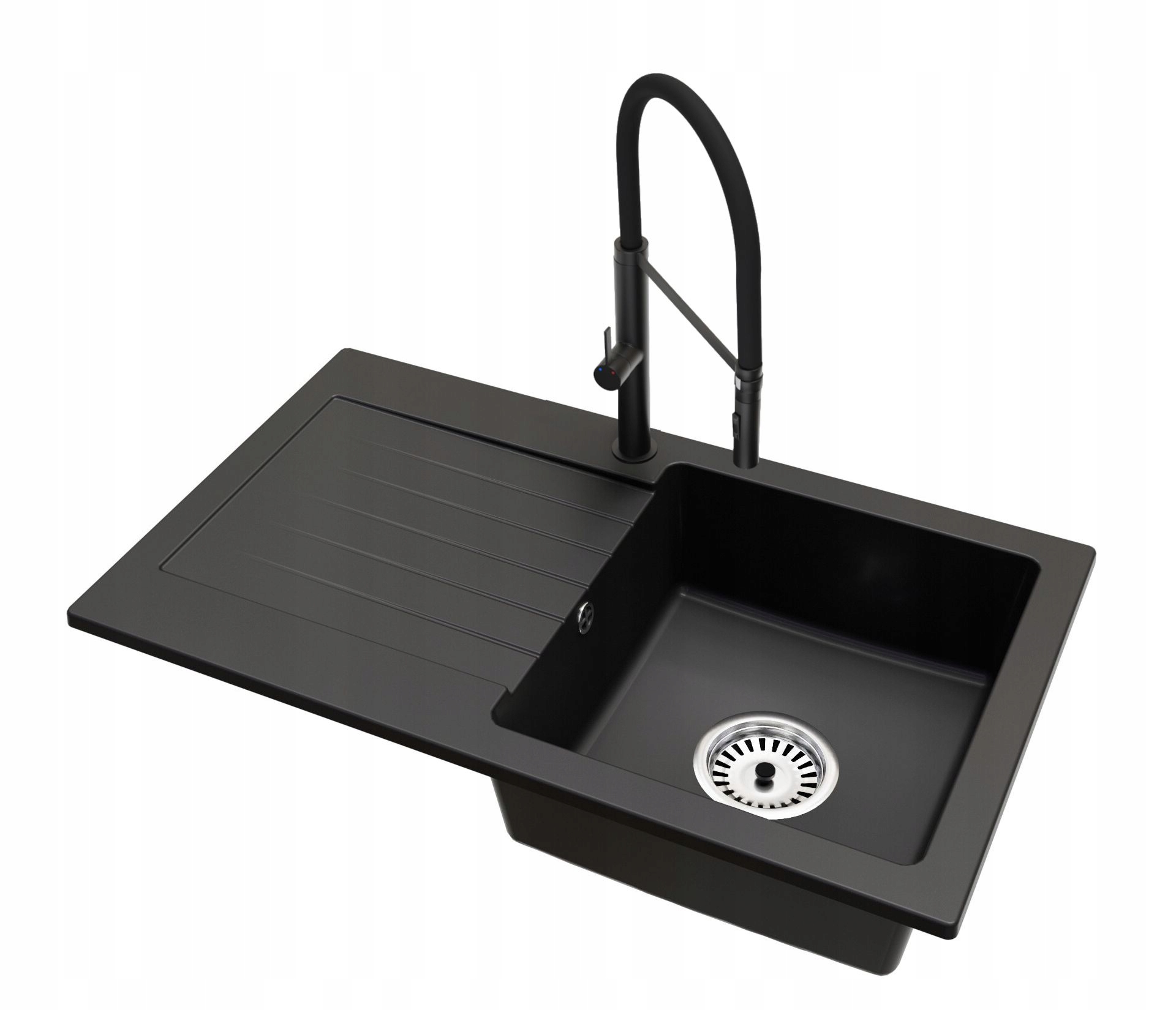 Kuchyňský dřez Jednokomorový Leon Sifon Chrom Baterie Full Černá