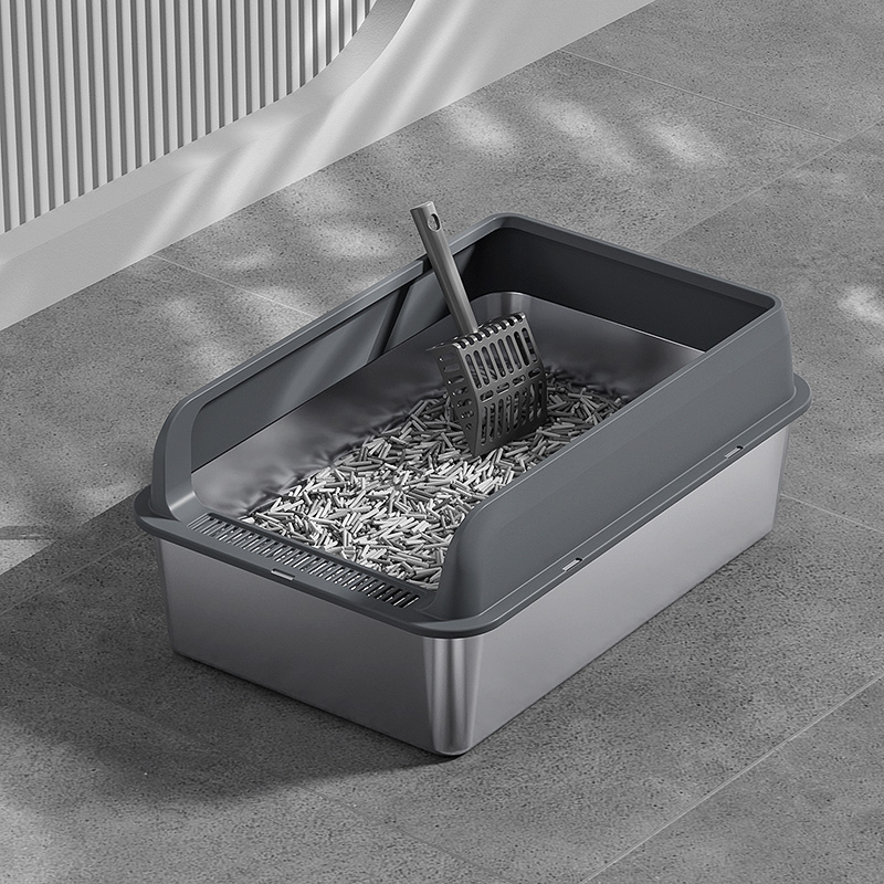 Levně toaleta pro kočky z nerezové oceli Antirozsypová, velká, 50x35x25 cm, s lopatkou