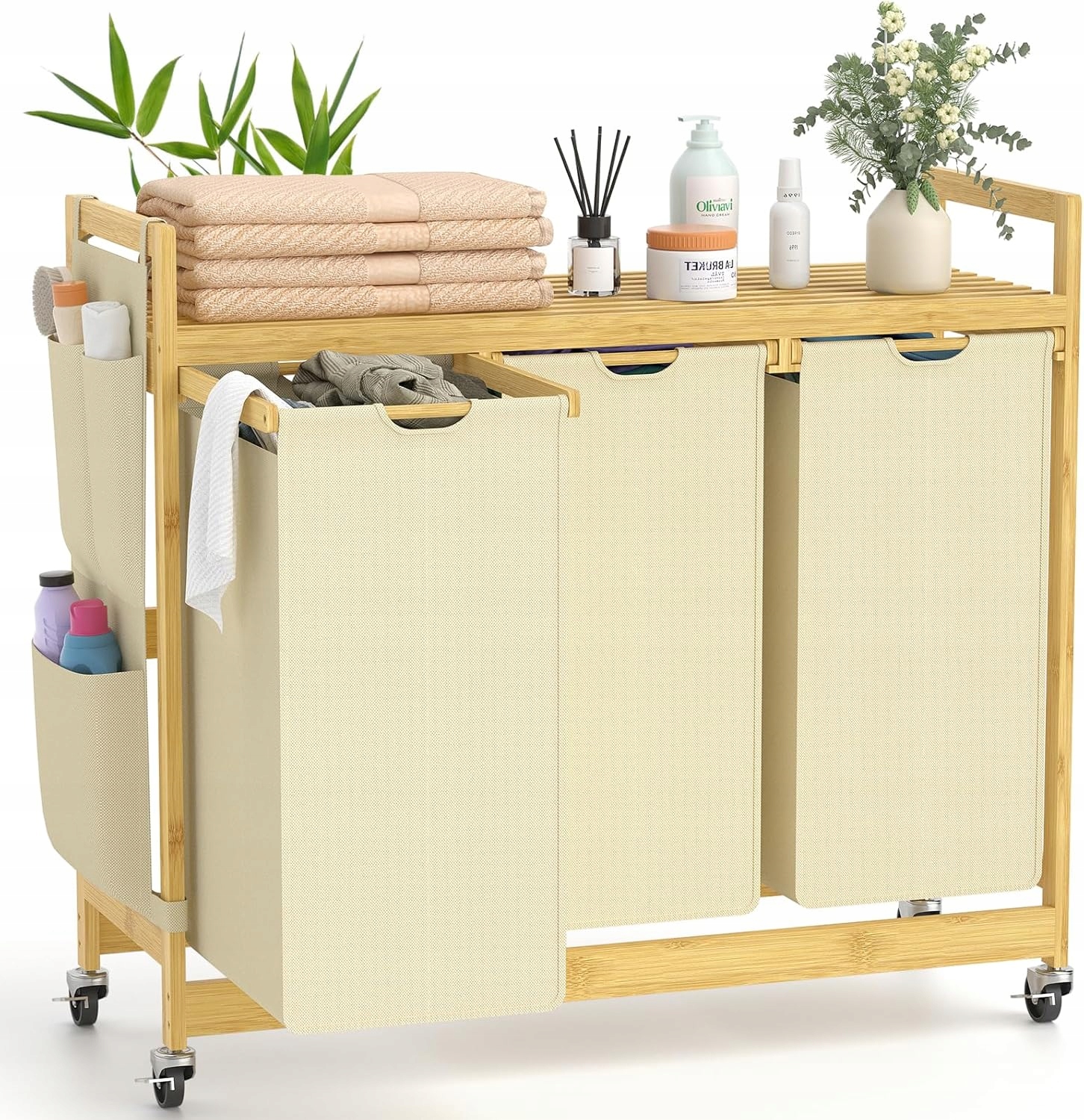 Bambusový kôš na bielizeň, 3 priehradky, 3 x 50 L, na kolieskach, béžový