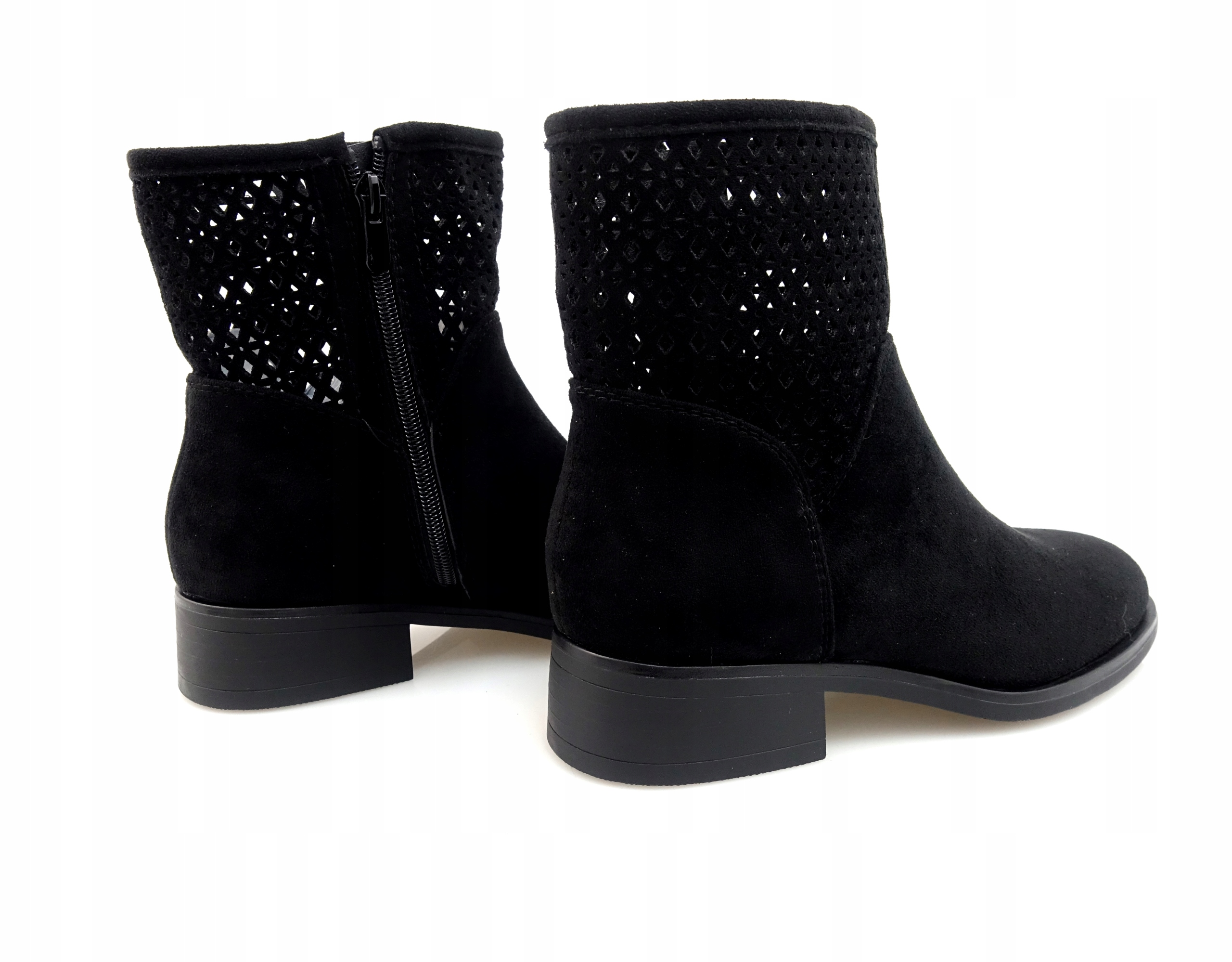 ZAMSZOWE CZARNE BOTKI Z AŻUROWĄ CHOLEWKĄ Z EKOSKÓRY NA NISKIM OBCASIE 41 Rozmiar 41