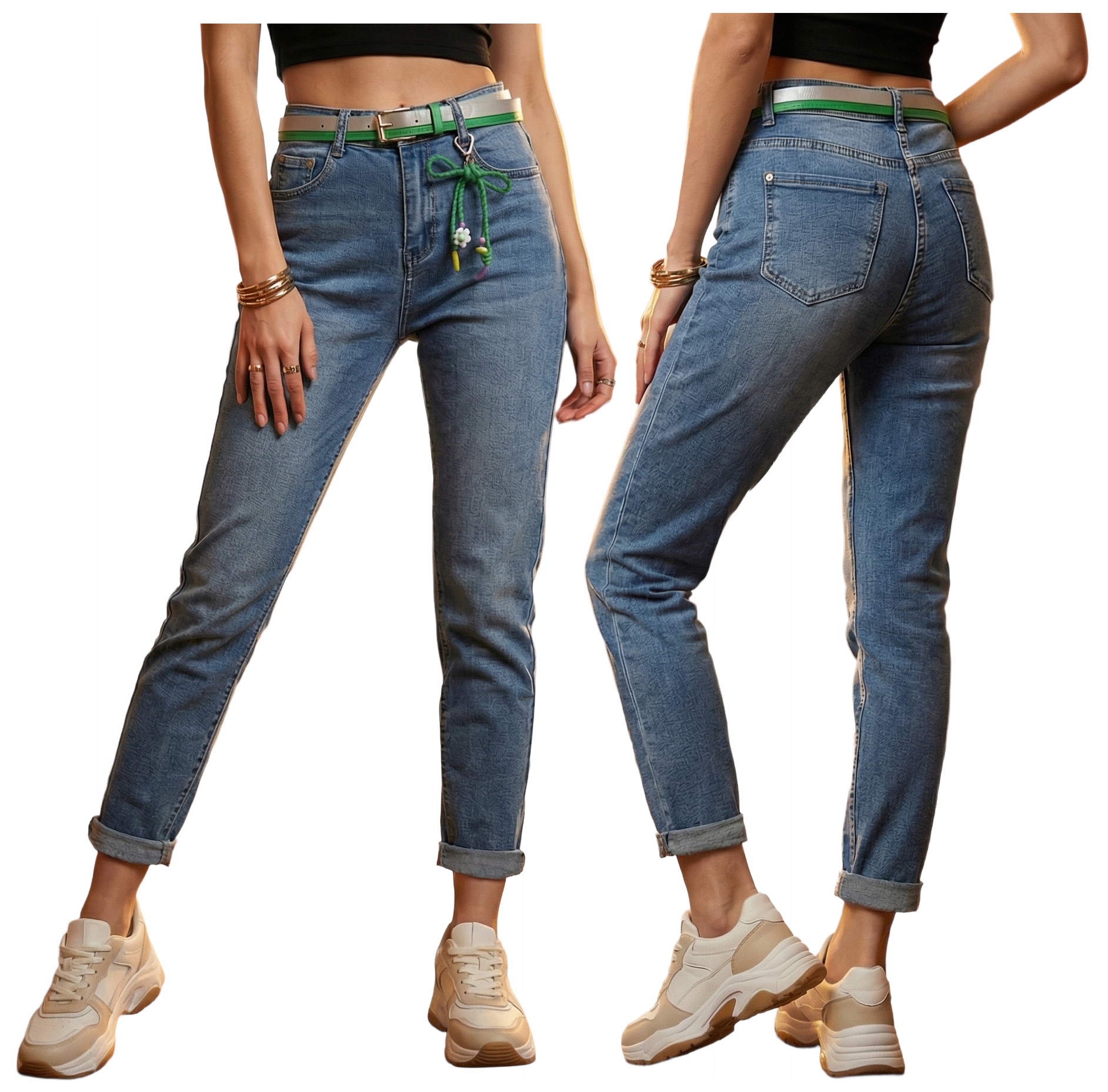 Spodnie Jeansy Damskie Mom Fit M'sara Wysoki Stan Pasek Premium S