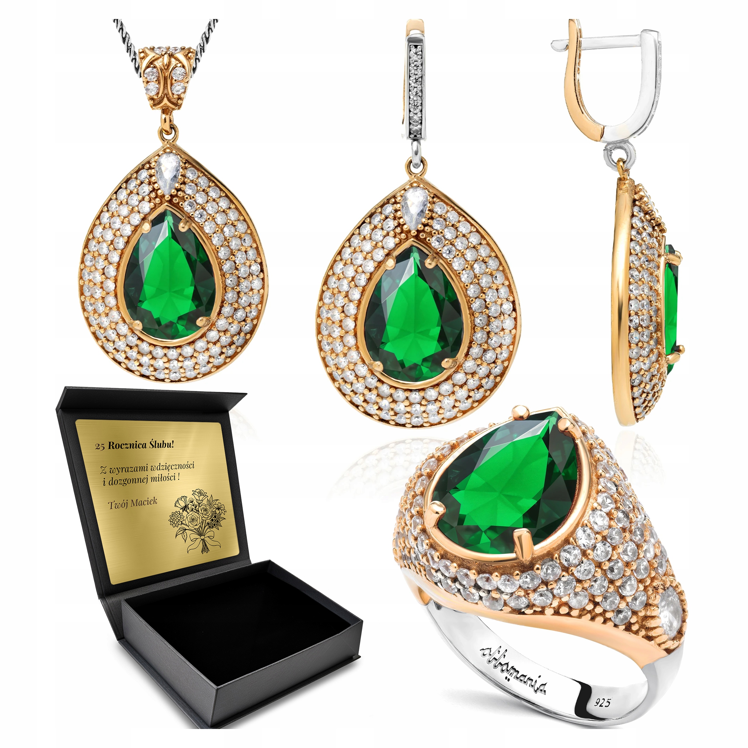 Komplet Stříbrných Šperků 925 Zirkony Smaragd Sada Pro Ženu Gravírování