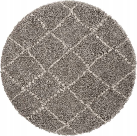 Koberec okrúhly shaggy 160 cm, krémovo šedý vzor boho s mäkkým vlasom